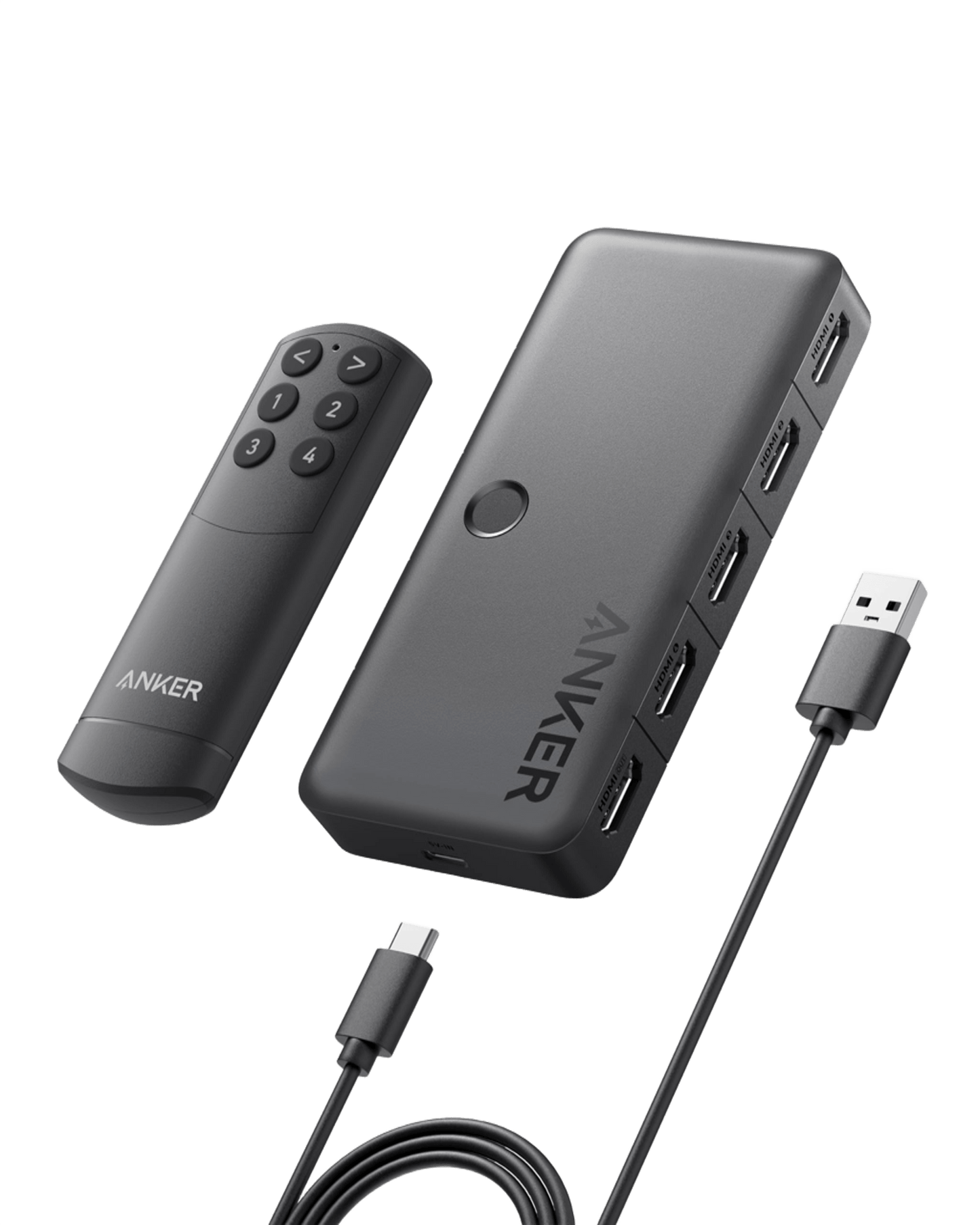 An Anker HDMI Switch (4 in 1 Out, 4K HDMI), a black Anker remote control, a USB-A to USB-C cable, and a USB-C cable are displayed on a plain white background.