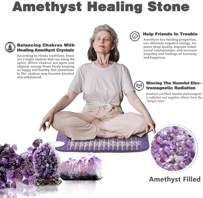 A calm older woman with gray hair meditates cross-legged on the iReliev Amethyst Far Infrared Heating Pad, showcasing amethyst crystals, their pain relief and chakra-balancing benefits, with close-ups and informative text.