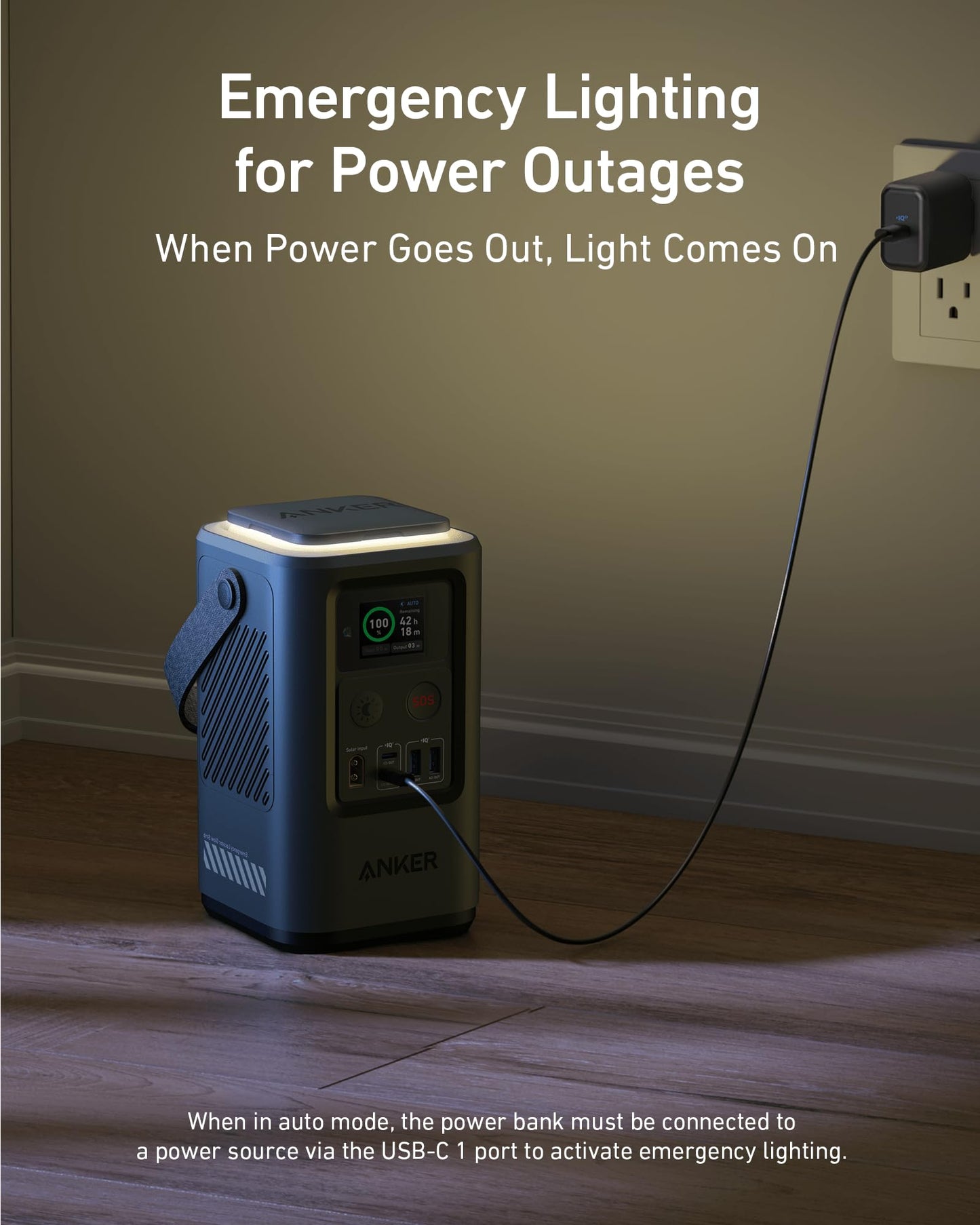 Anker 548 Power Bank (PowerCore Reserve 192Wh) is plugged into a wall outlet in a dimly lit room. Its screen glows and a strap hangs at the side. Above, text reads: Emergency Lighting for Power Outages—When Power Goes Out, Light Comes On.