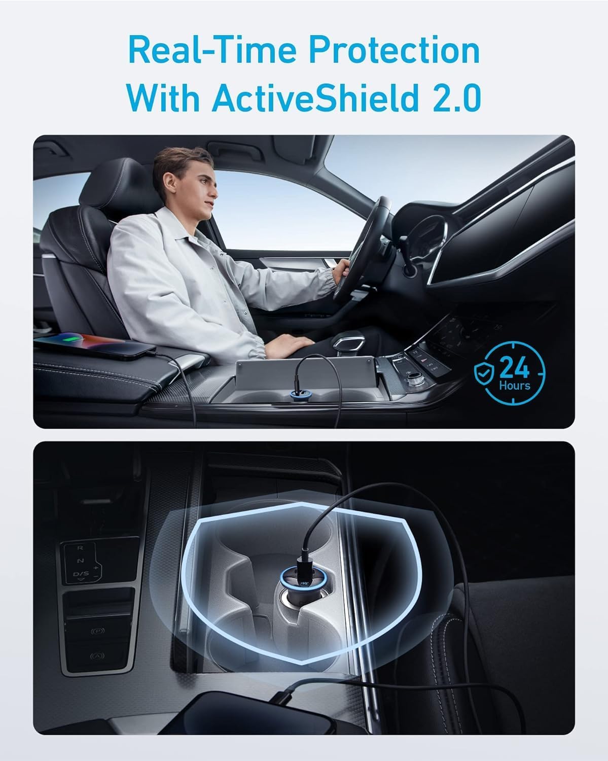 A person in a white coat uses their phone in a modern car, powered by the Anker 323 Car Charger (52.5W). A blue glow and 24-hour icon highlight Real-Time Protection with ActiveShield 2.0 and fast charging from Anker.