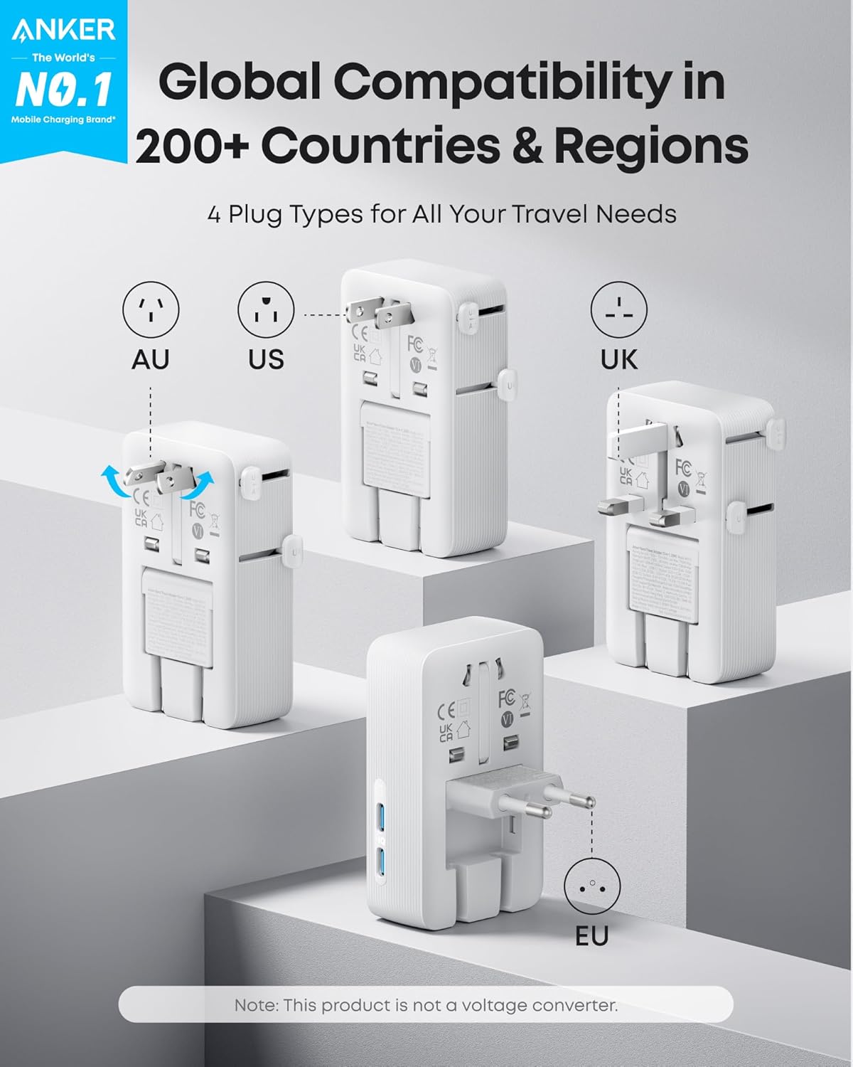 The Anker Nano Travel Adapter (5-in-1, 20W, 1-Pack) by Anker is shown in white with AU, US, UK, and EU plugs. Compatible in 200+ countries/regions, it offers fast USB charging. Note: not a voltage converter.