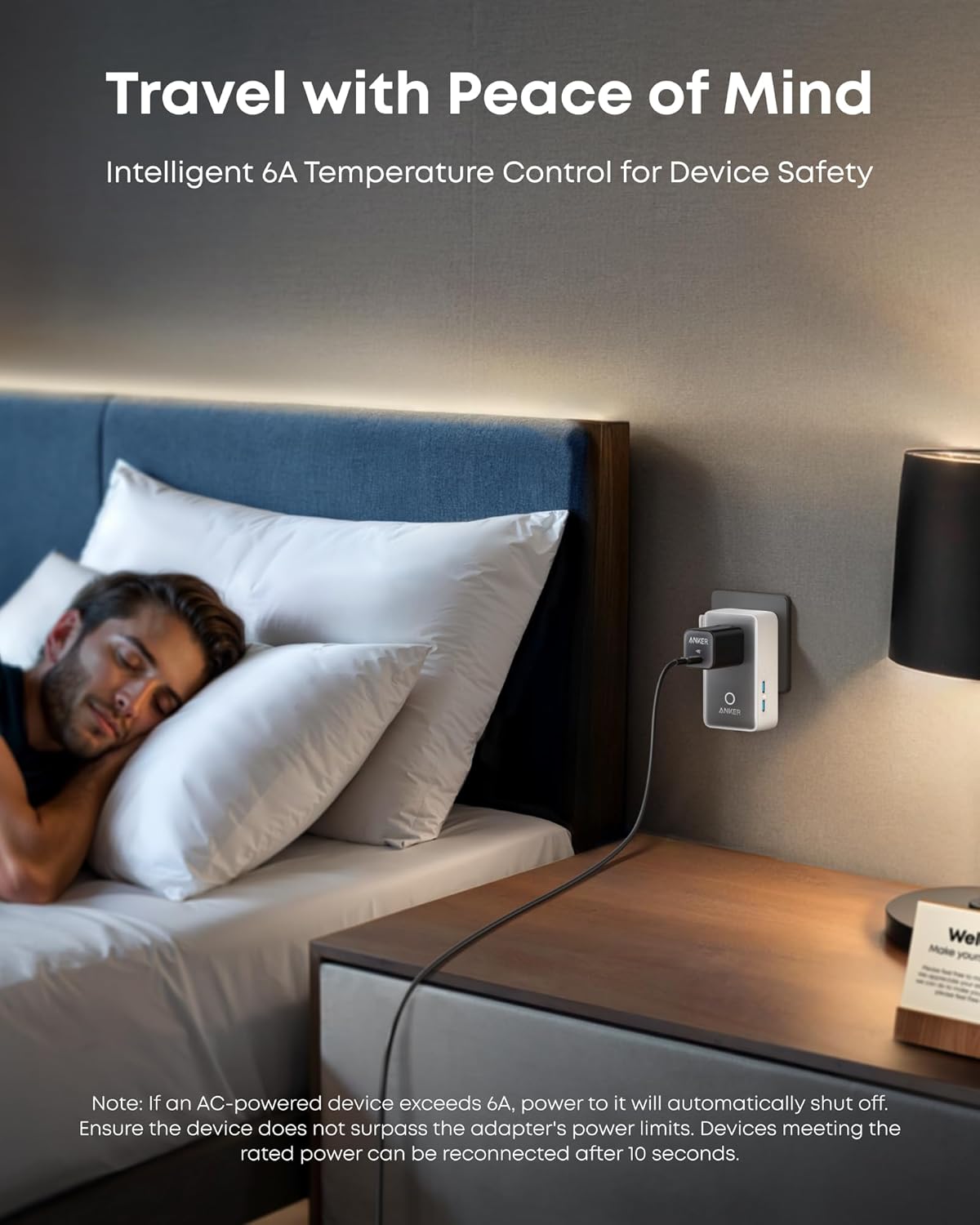 A man sleeps beside a nightstand with an Anker Nano Travel Adapter (5-in-1, 20W) plugged in. Its indicator lights glow. Text above: “Travel with Peace of Mind. Intelligent 6A Temp Control & fast charging for Device Safety.”.