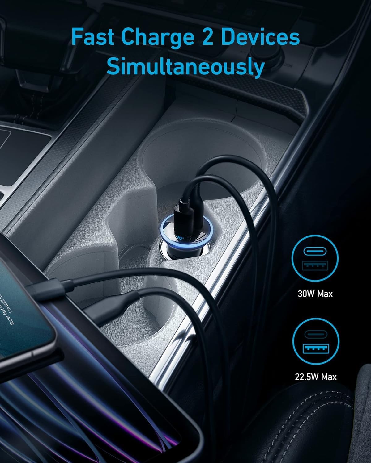 Anker 323 Car Charger (52.5W) plugged in a cup holder, fast charging two devices at once with visible cables and blue LED glow. Text: Fast Charge 2 Devices Simultaneously. Icons show USB-C: 30W max, USB-A: 22.5W max.