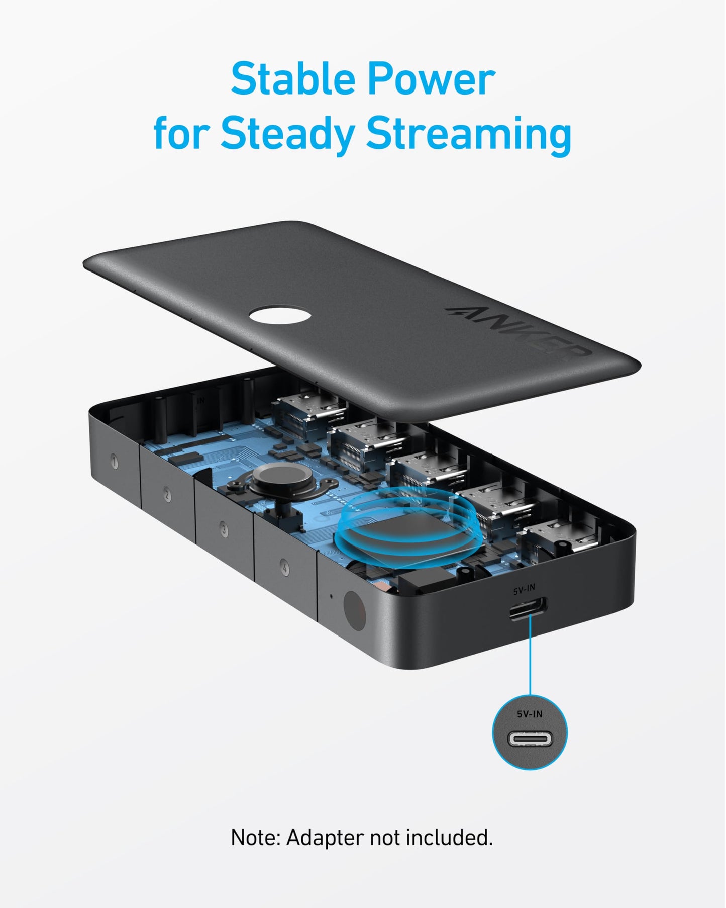 A black Anker HDMI Switch (4 in 1 Out, 4K HDMI) shows its blue circuitry under a floating top. Text: “Stable Power for Steady Streaming.” Diagram highlights 5V-IN port and states “Adapter not included.” Perfect as a 4K HDMI switch.