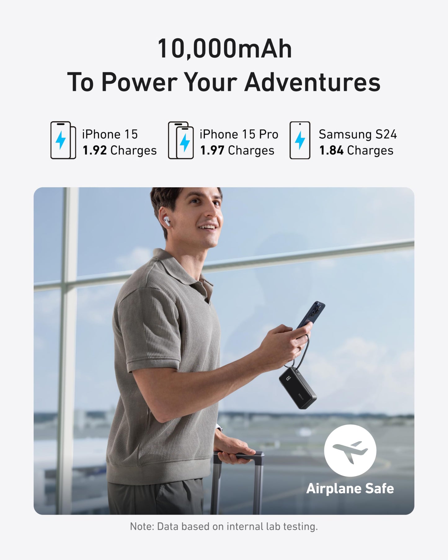 A smiling man at an airport holds a smartphone and the Anker Power Bank (10K, Fusion, Built-In Cable). Text reads: “10,000mAh To Power Your Adventures” with 30W fast charge info for iPhone 15/15 Pro and Samsung S24. Airplane Safe icon shown.