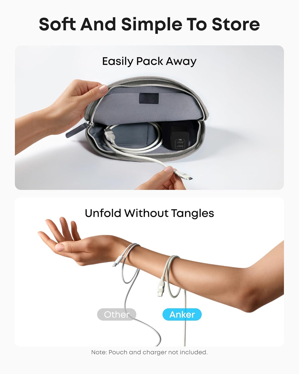 A hand packs a gray pouch with electronic accessories, including an Anker USB-A to USB-C Cable (3 ft/6 ft, Upcycled-Braided). Two cables wrap around an arm below—Anker’s tangle-resistant design is soft and simple to store.
