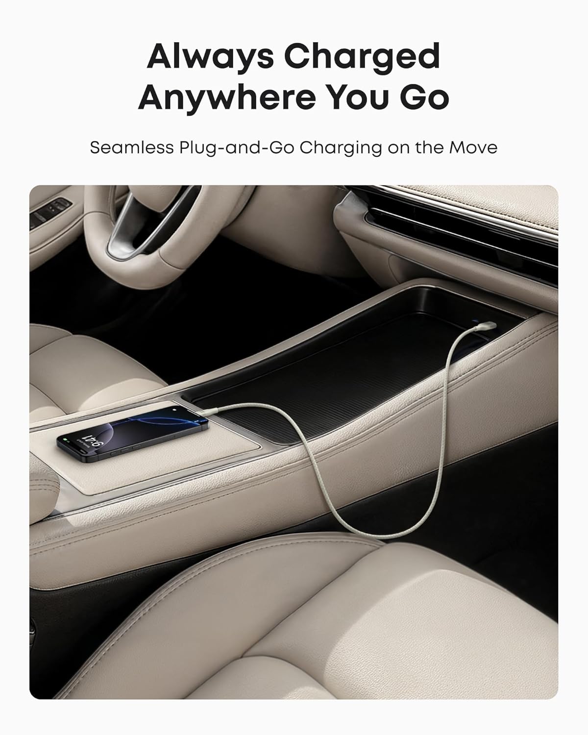A smartphone charges via the Anker USB-A to USB-C Cable (3 ft/6 ft, Upcycled-Braided) on a modern car’s center console with beige leather seats, showcasing its tangle-resistant design for effortless in-car charging.