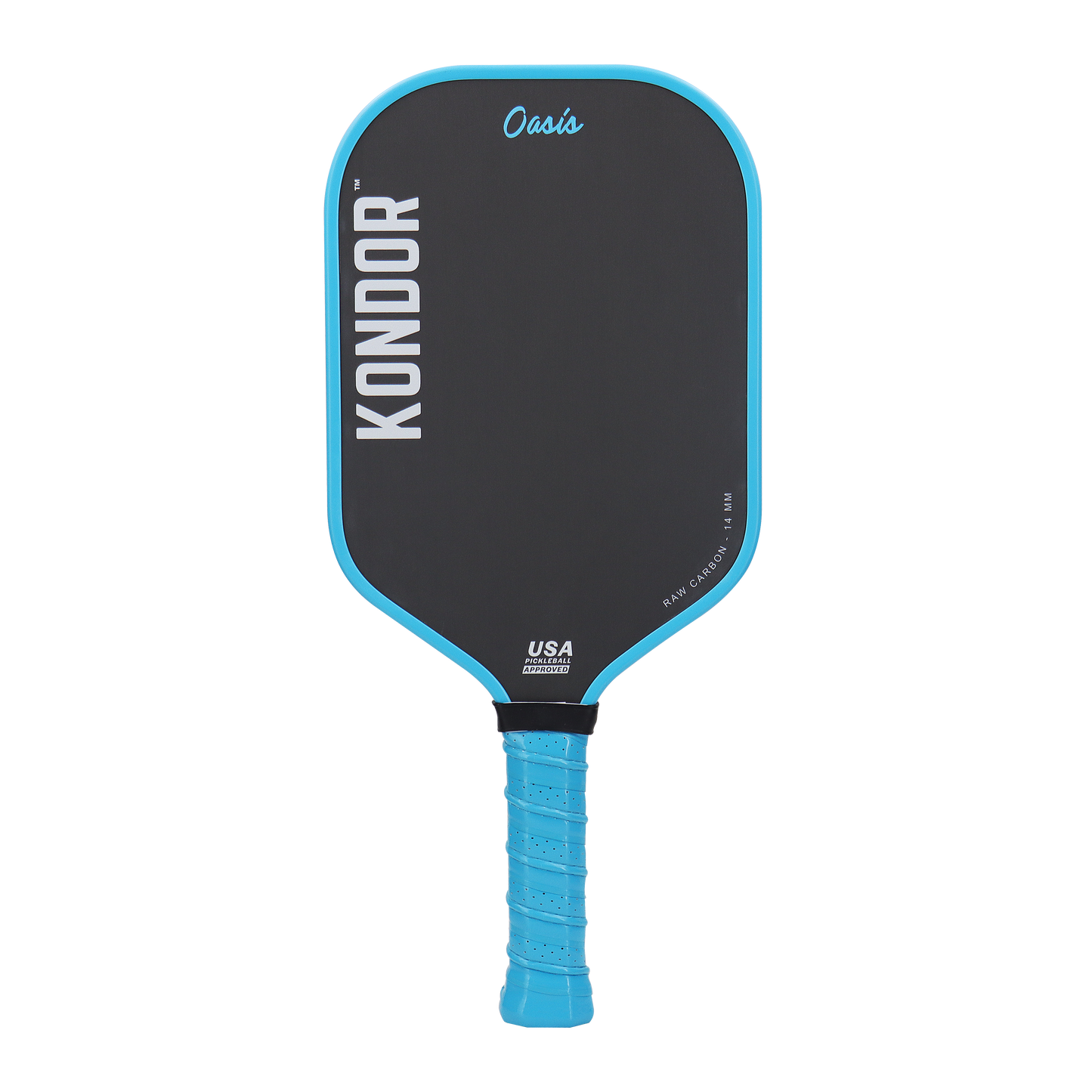 The Oasis Pro Power - TROPIXX Series by KONDOR PICKLEBALL is a black thermoformed, USA Pickleball Approved paddle with a blue edge and handle, textured grip, KONDOR logo in white, and “Oasis” in blue at the top.