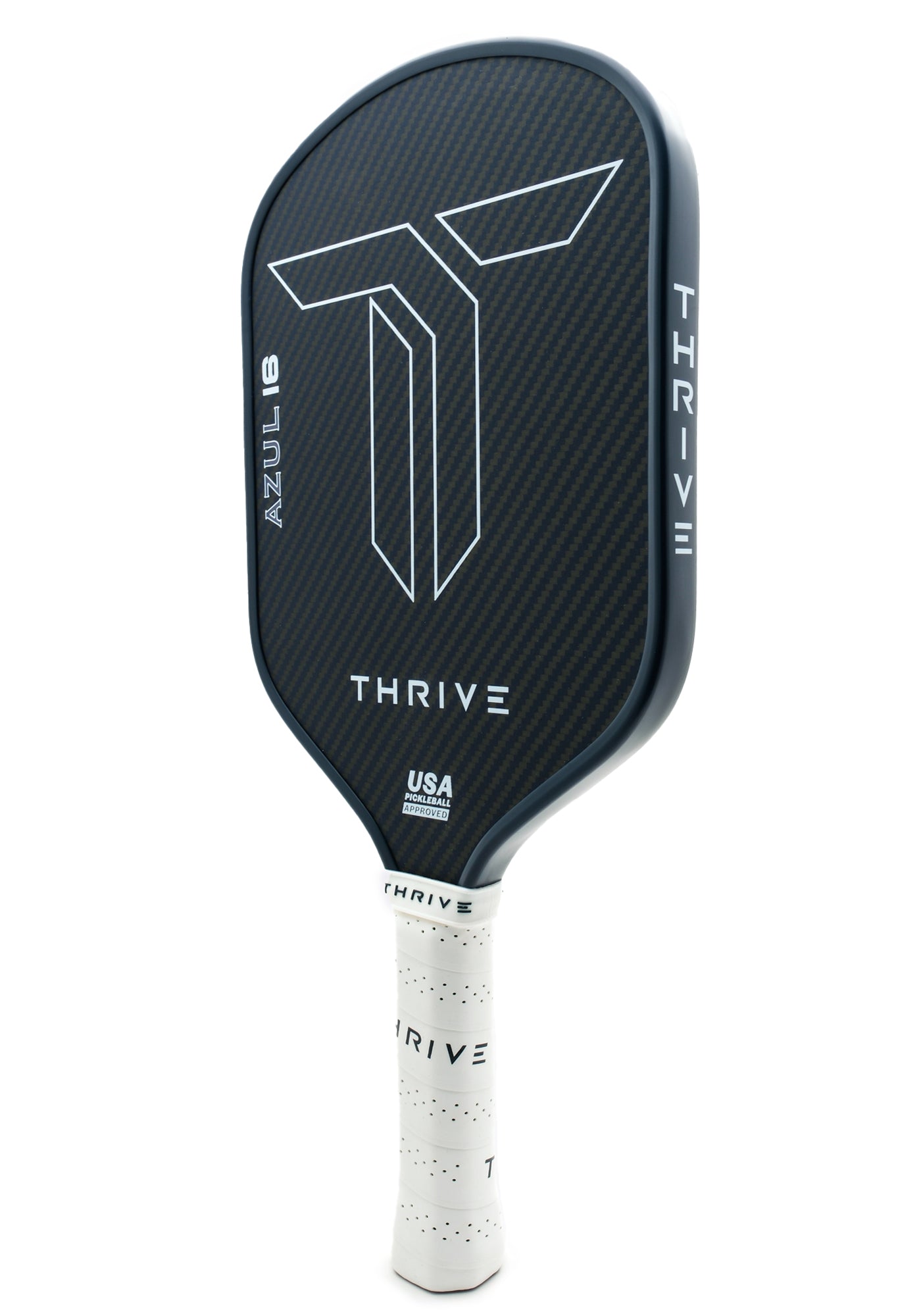 The Thrive Pickleball AZUL 16mm (POWER SERIES) is a black carbon Kevlar paddle with a textured surface, white geometric logo, “THRIVE” and “AZUL18,” dark edge, contrasting white THRIVE grip. Includes lead weights, key chain, and weight card.