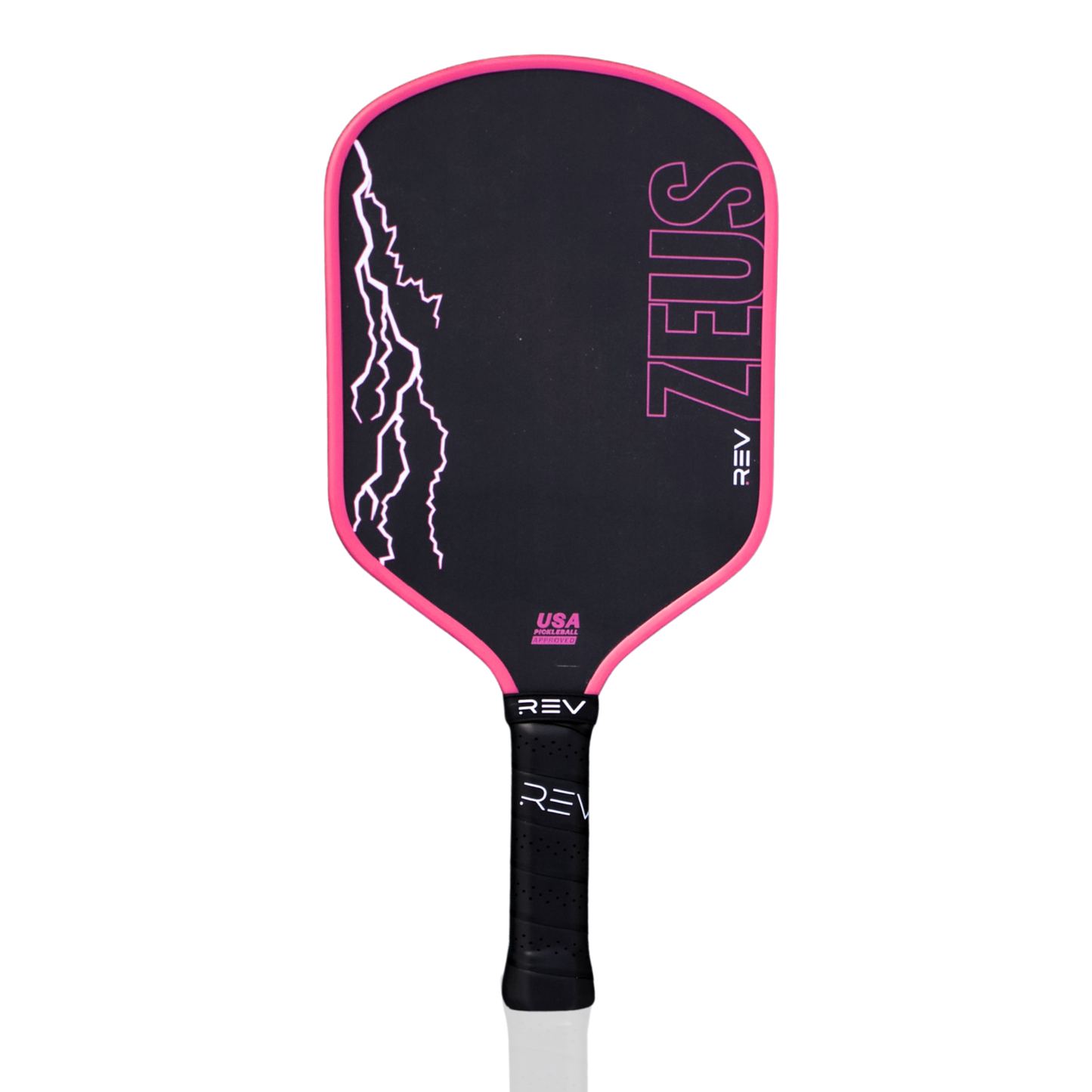 The ZEUS Pickleball Paddle by REV Pickleball has a black body with pink edges, pink lightning on the left, bold ZEUS text on the right, and a black handle marked "REV" in white and "USA" near the base. Made from T700 Raw Carbon Fiber.