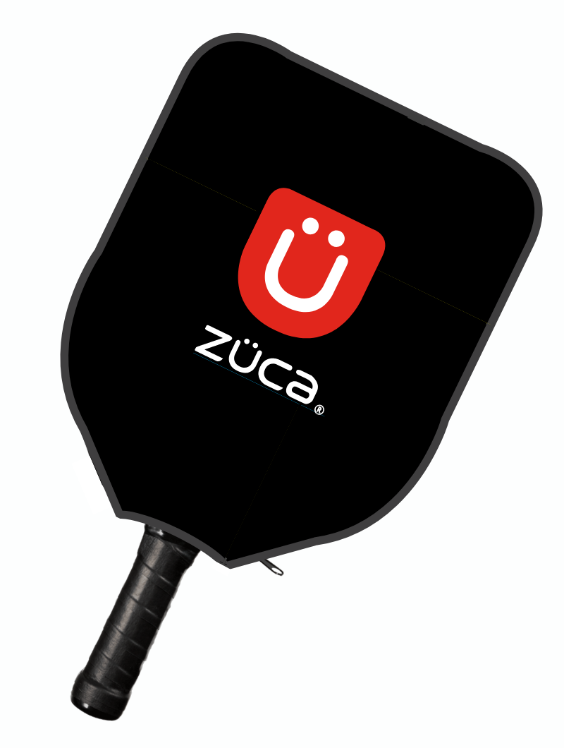 The ZUCA Pickleball Pro Black/Green paddle features a textured black grip handle and a red square logo with a white smiling face and bold “ZUCA” lettering at the center, shown on a plain white background—ideal with your rolling pickleball bag.