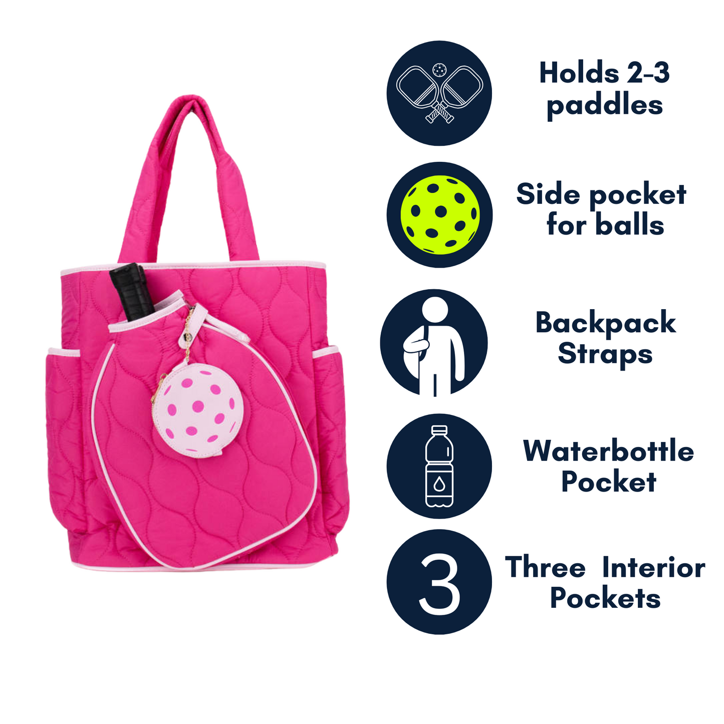 The Queen of the Court Fifth Ave Pickleball Convertible Tote Bag/Backpack is a pink quilted bag with handles, side pockets, space for 2–3 paddles, backpack straps, water bottle pocket, and 3 interior pockets. Holds paddle and ball bag.