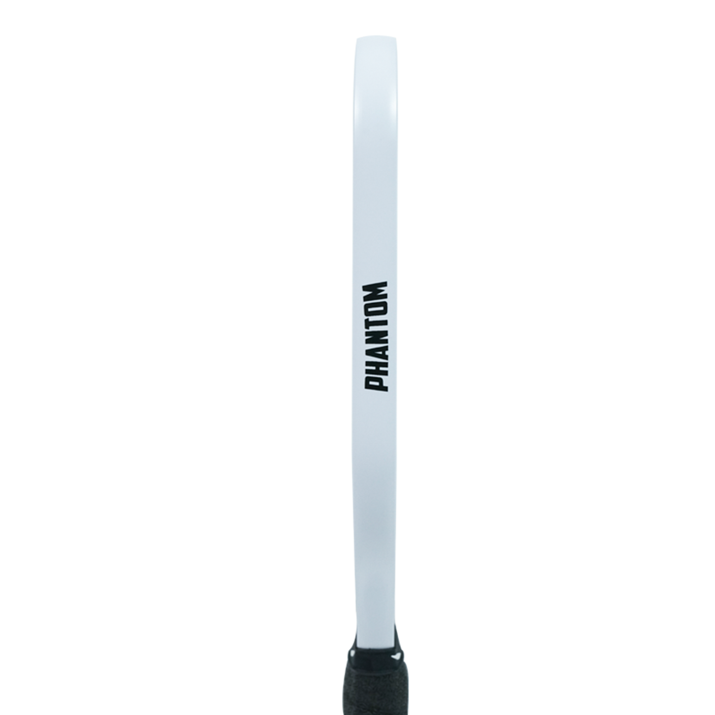 A side view of the Phantom TRINITY 14MM T700 Raw Carbon Fiber Thermoformed Pro Pickleball Paddle by Phantom Pickleball, showing "PHANTOM" in bold black letters on the throat and a partially visible black handle at the bottom.
