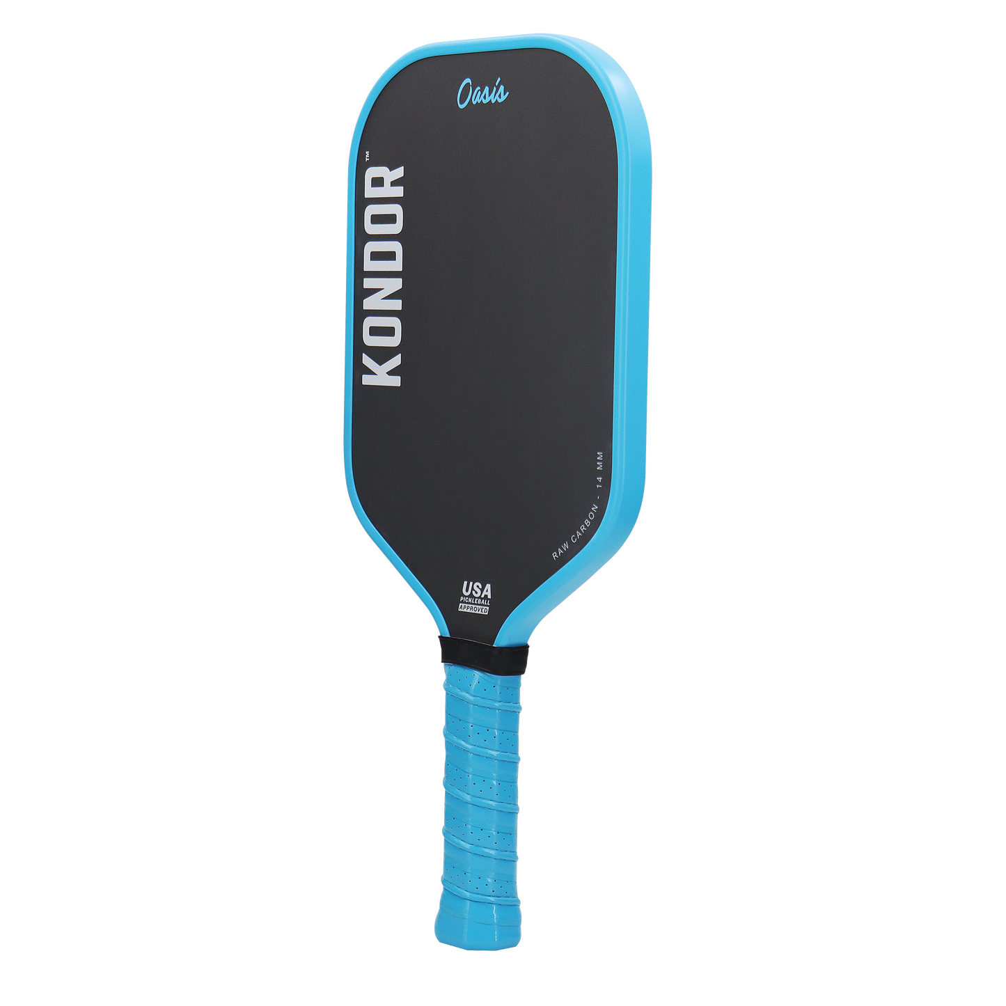 The KONDOR PICKLEBALL Oasis Pro Power - TROPIXX Series is a black thermoformed paddle with a bright blue edge and handle, white "KONDOR" vertically, blue cursive "Oasis" on top, “USA Pickleball Approved” at the base, and a textured matching blue grip.