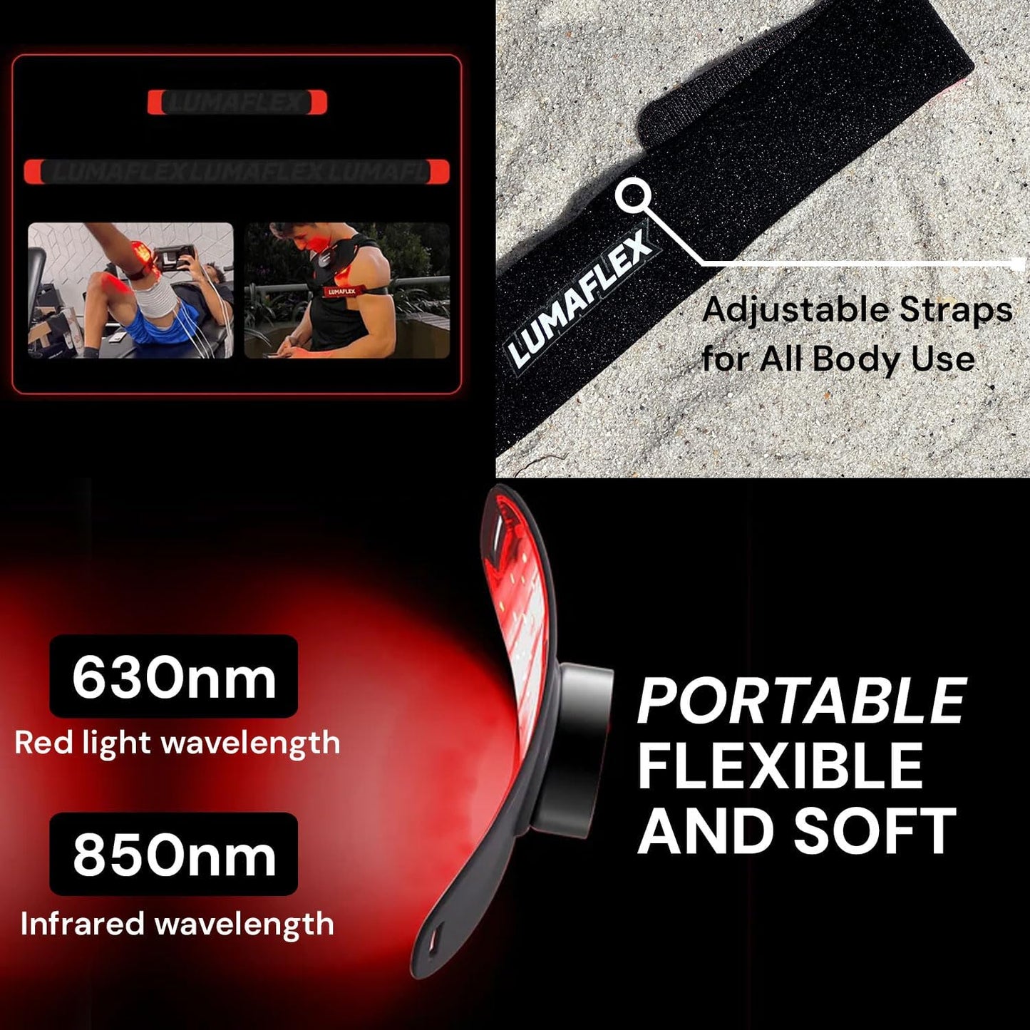 Collage displays iReliev's The Body Pro Red Light and Infrared Therapy Wrap used on various body areas, adjustable Velcro strap, and glowing red lights. Text highlights 630nm red & 850nm infrared to ease pain and enhance sports performance.