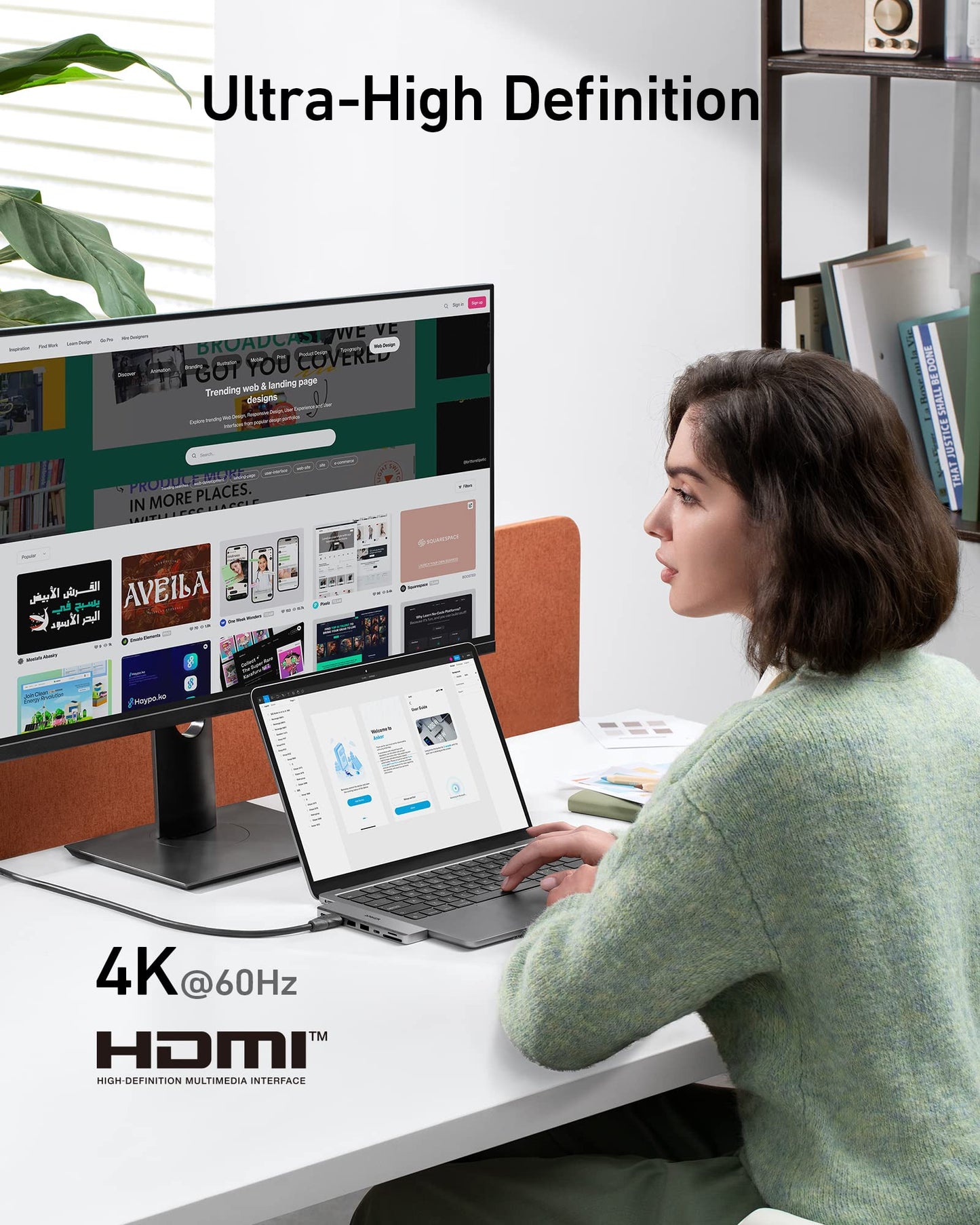 A woman works at a desk with a laptop and vibrant monitor. "Ultra-High Definition" appears above; "4K@60Hz" and the HDMI logo below highlight the power of the Anker 547 USB-C Hub (7-in-2, for MacBook).