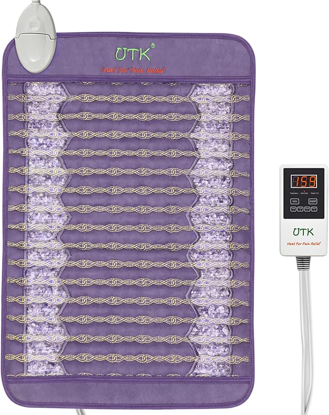 The iReliev Amethyst Far Infrared Heating Pad features horizontal rows of embedded jade and tourmaline stones, a digital controller showing “159” in red with multiple buttons, and the “iReliev Heat for Pain Relief” logo at the top.