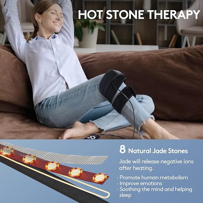 A relaxed woman sits on a couch with the iReliev Far Infrared Heating Pad Wrap with Far Jade on her leg. Text reads “HOT STONE THERAPY.” 8 heated jade stones help boost metabolism, improve mood, relaxation, and sleep.