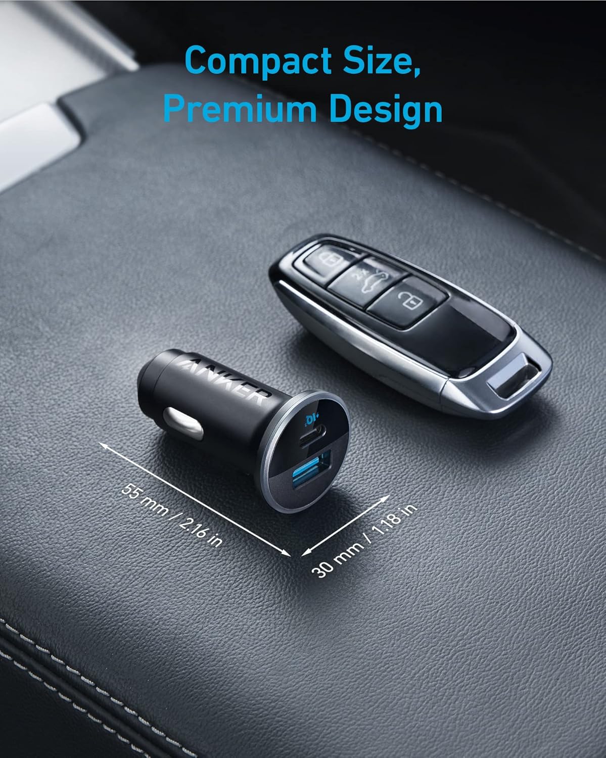 A compact black Anker 323 Car Charger (52.5W) with a blue USB port sits on a car’s leather console beside a modern key. “Compact Size, Premium Design” is shown, with fast charging and dimensions: 55mm x 30mm (2.16in x 1.18in).