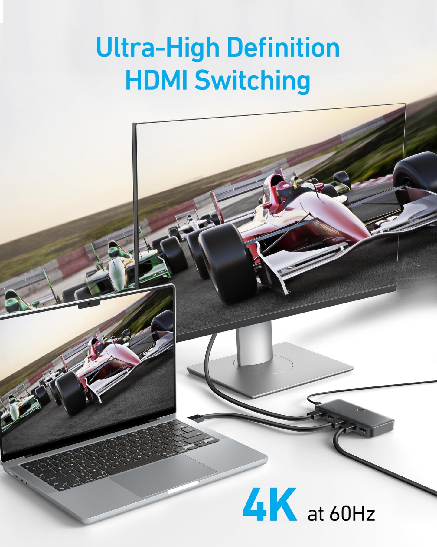 A laptop and two monitors show race cars on a track, all linked by the Anker HDMI Switch (4 in 1 Out, 4K HDMI). Blue text says “Ultra-High Definition HDMI Switching,” with “4K HDMI at 60Hz” below for stunning Anker display quality.
