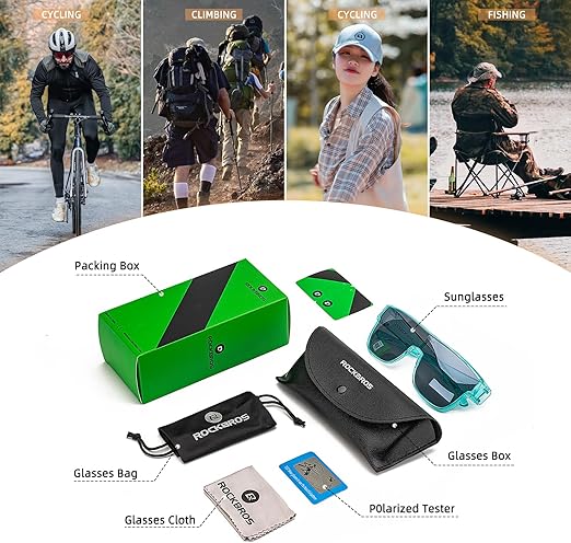 A collage of outdoor activities is shown above ROCKBROS Polarized Fit Over Glasses UV400 Sunglasses, plus green box, case, soft bag, cleaning cloth, and polarization tester—highlighting versatility and included ROCKBROS-US accessories.