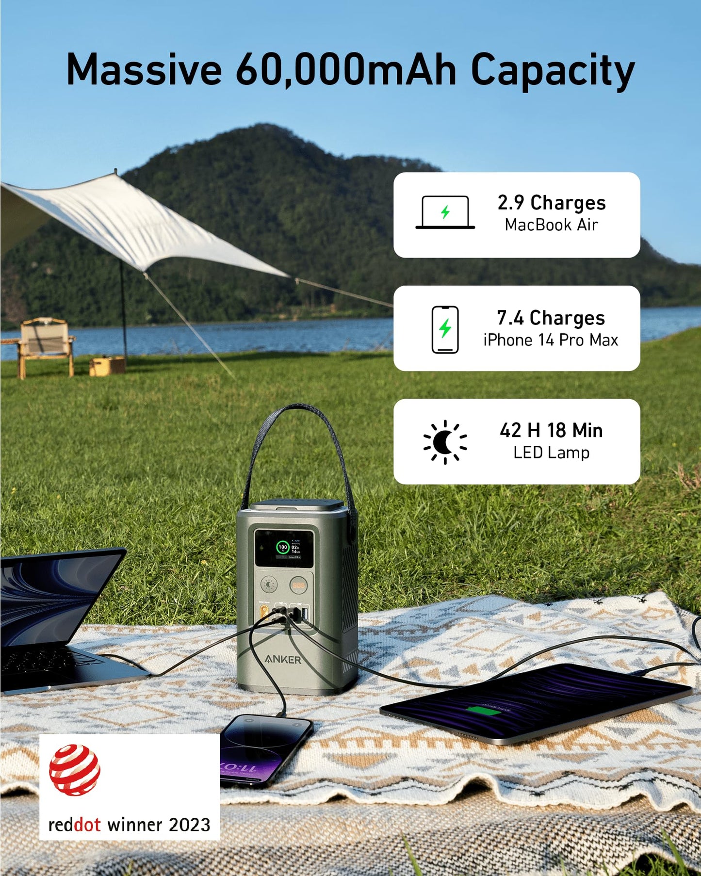 The Anker 548 Power Bank (PowerCore Reserve 192Wh) sits by a scenic lake, charging a laptop, phone, and tablet via solar power. The display highlights its 60,000mAh capacity and emergency features—ideal for portable outdoor use.
