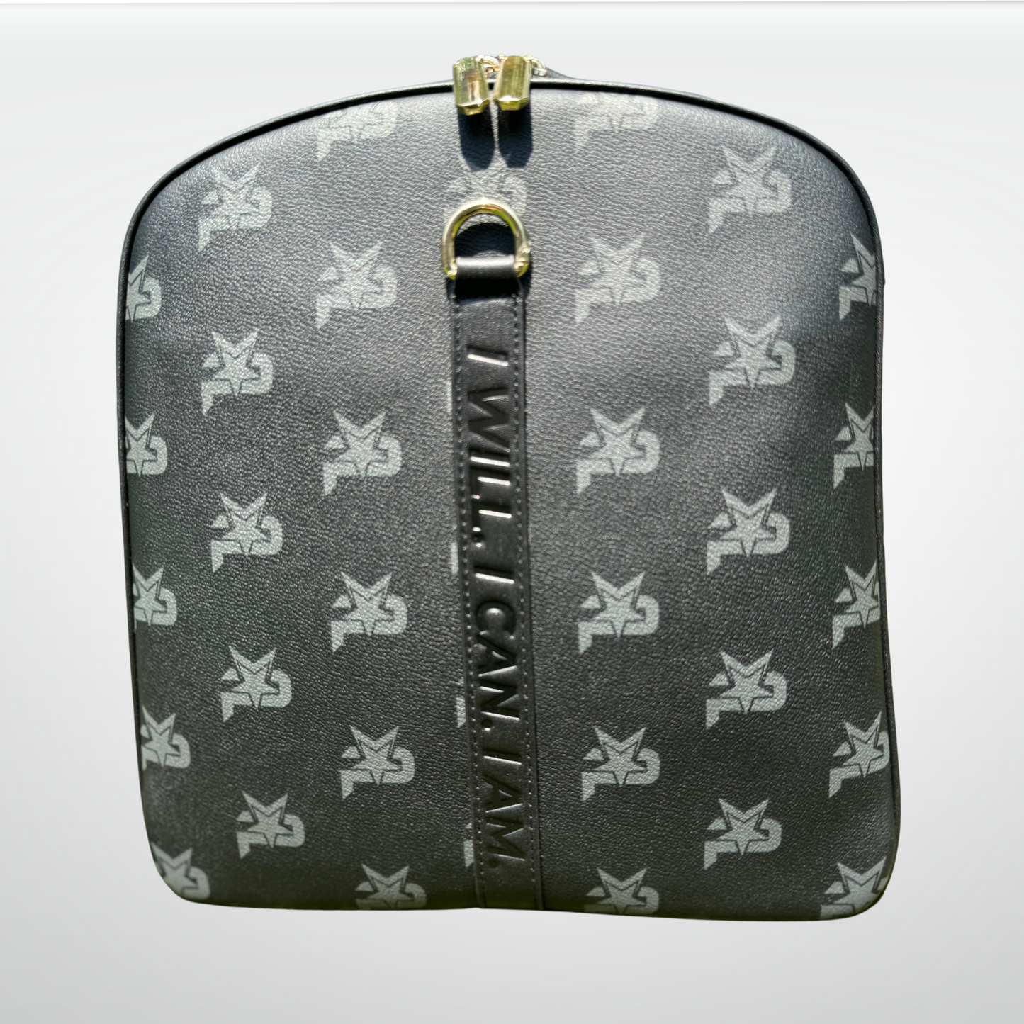 The iReliev I AM - Leather Monogram Training Duffel Bag, Black, features a repeating gray star and “PS” pattern, a central black leather strip embossed with “I WILL. I CAN. I AM.”, and gold accents for standout luxury style.