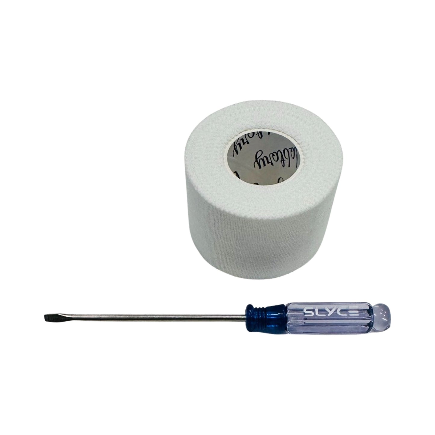 The Slyce Sport SLYCE SpeedCap Installation Kit features an unused roll of white athletic tape standing upright by a SLYC-labeled flat blade screwdriver, both arranged on a plain white background.
