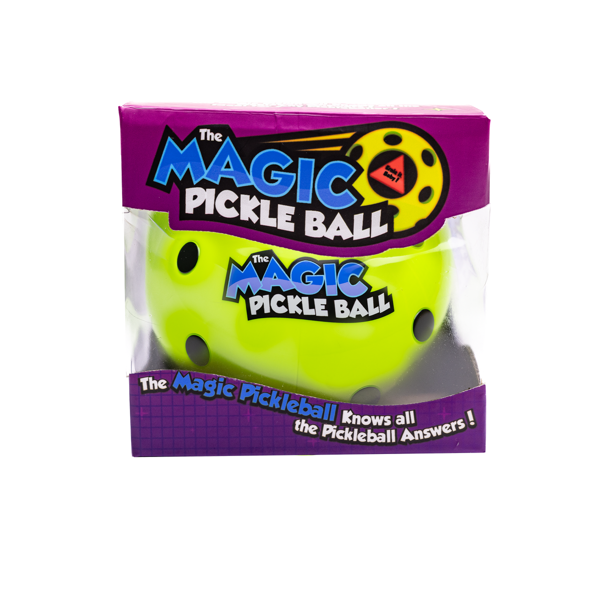 The Magic Pickleball!! Your Pickleball Destiny Awaits! by Moment Pickleball is a novelty yellow pickleball in a clear-front purple and pink box, boldly claiming: The Magic Pickle Ball knows all the Pickleball Answers! A perfect gift for players.