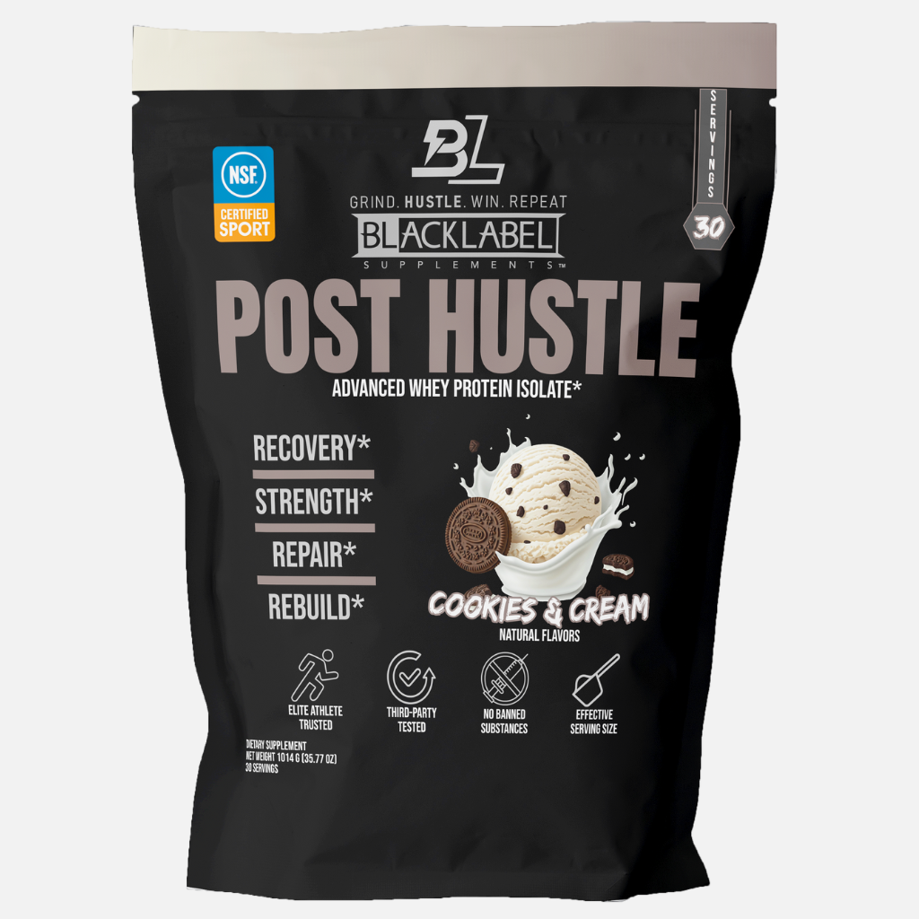 A black pouch of BLACKLABEL Supplements POST HUSTLE whey protein isolate in cookies & cream flavor, featuring benefits for post-workout muscle recovery, strength, and repair, with NSF and Elite Athlete badges on the bag.