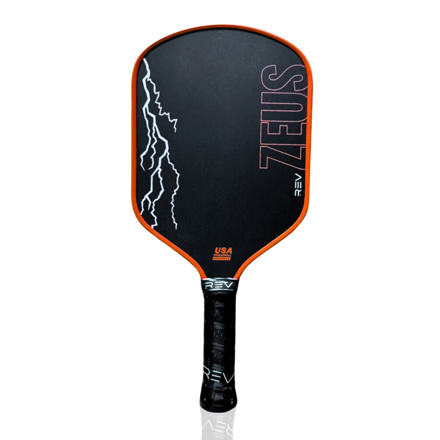 The ZEUS Pickleball Paddle by REV Pickleball features T700 Raw Carbon Fiber, orange trim, bold ZEUS lettering, lightning bolt graphics, and a REV-wrapped handle. This thermoformed paddle is USA Pickleball Approved for top performance.