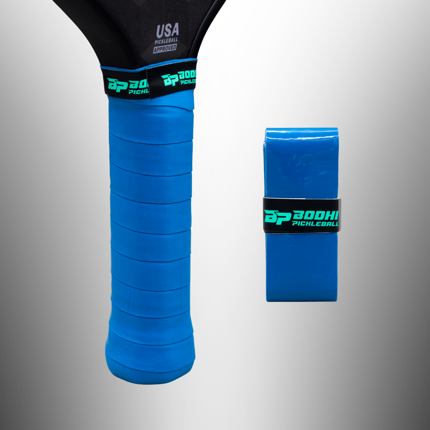 A close-up shows a Bodhi Performance PROtack™ Premium Pickleball Overgrip wrapped on a paddle handle, with an unused matching grip roll beside it, both set against a gray gradient background.