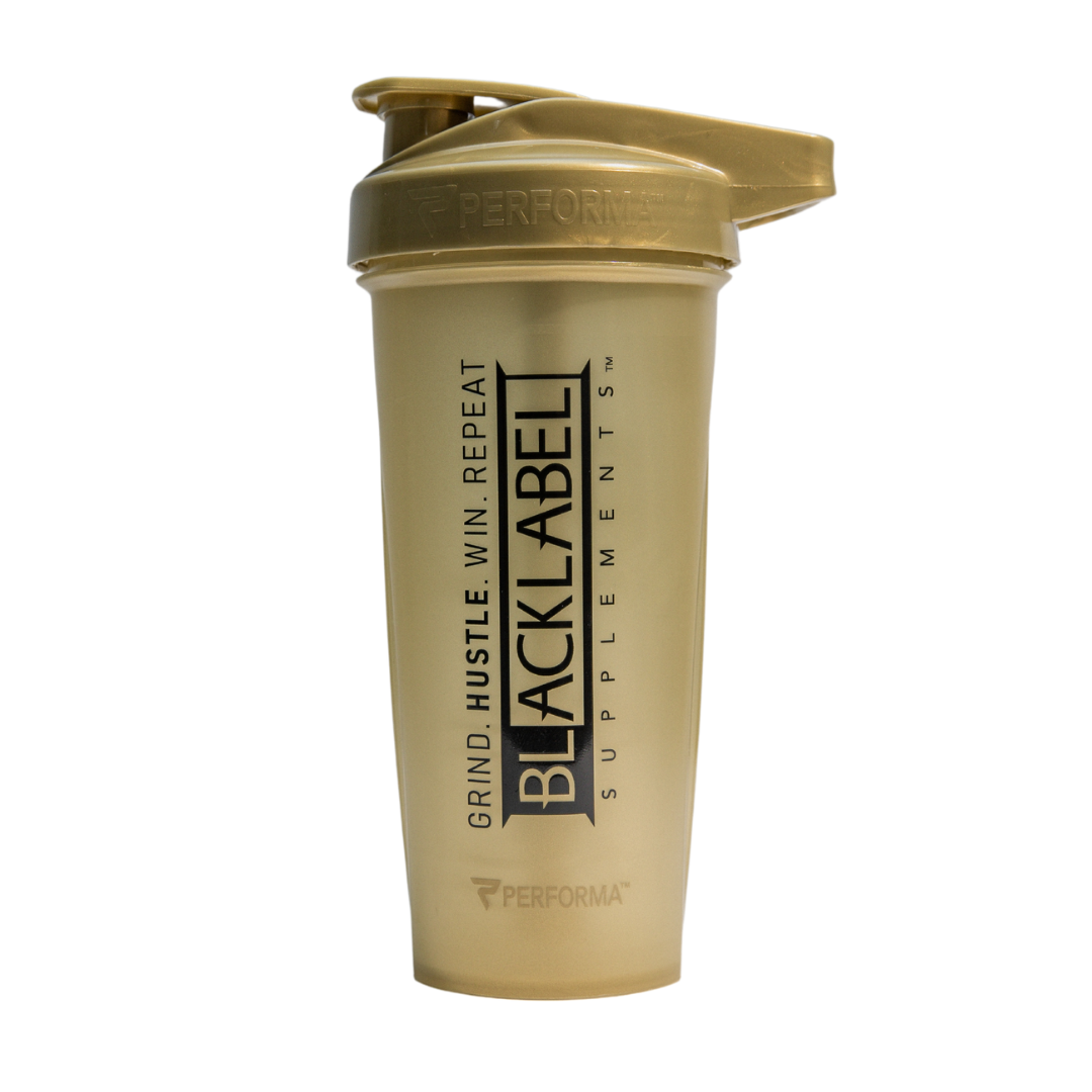 A close-up of a BLACKLABEL Performa Shaker bottle from BLACKLABEL Supplements.