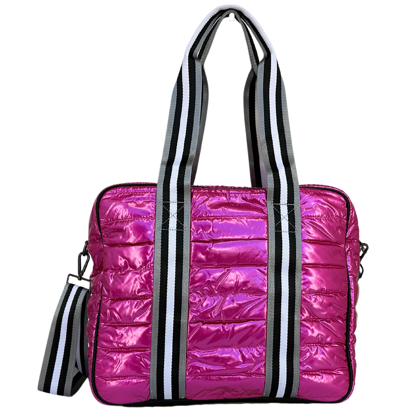 The Queen of the Court Kelsey Pickleball Bag is a shiny, quilted hot pink tote with black, white, and gray striped handles, a matching adjustable shoulder strap, and a puffy rectangular design with horizontal seams.