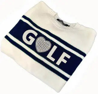 The Runway Athletics Golf Sweater in Darkest Navy & Cream features two navy stripes, “GOLF” in bold white with a heart-shaped “O,” and a ribbed collar for comfort, all in a relaxed fit.