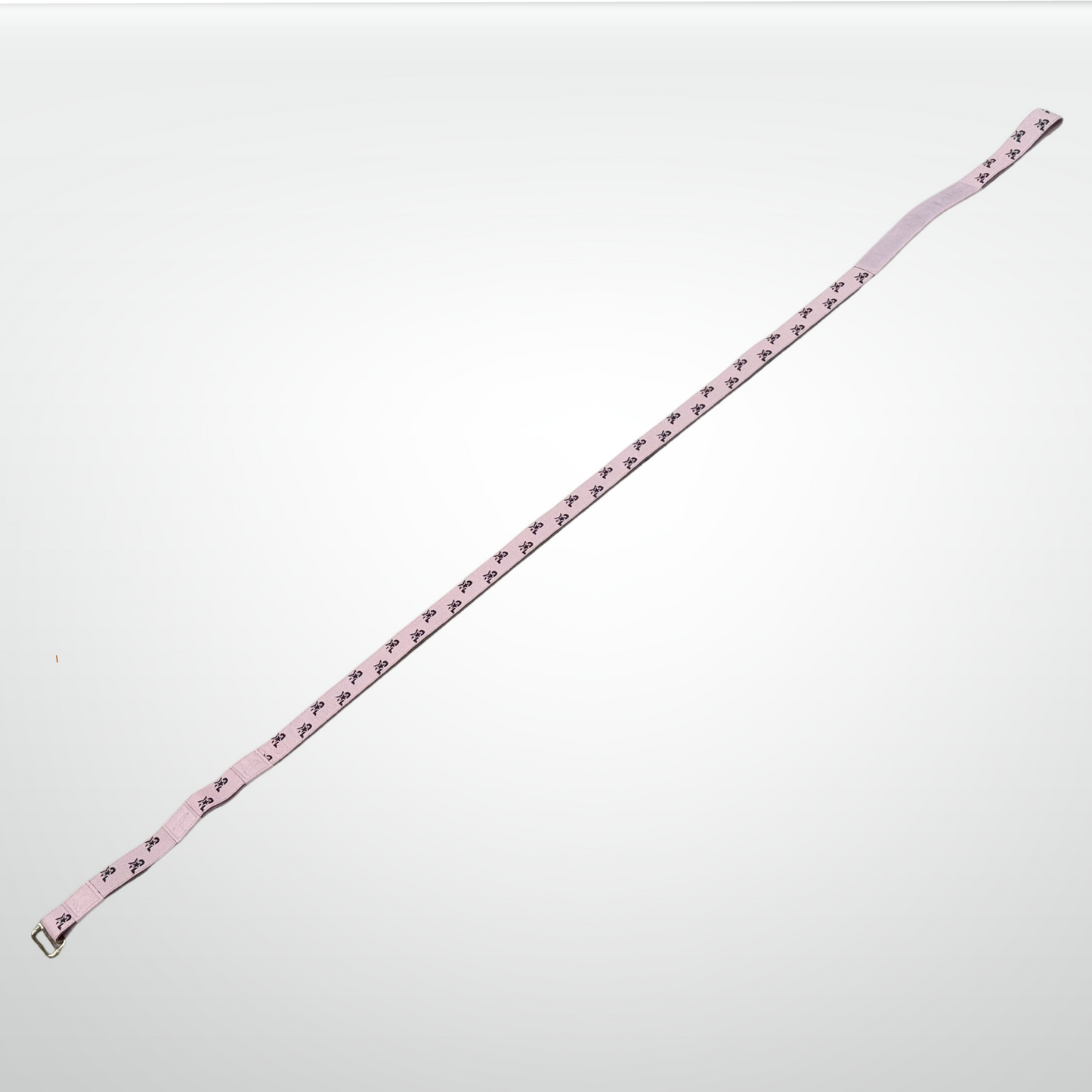 The iReliev I AM Leather Monogram Yoga Strap features best-in-class style with a repeating black design and includes a metal clasp for attaching keys or ID badges, shown diagonally on a plain white background.