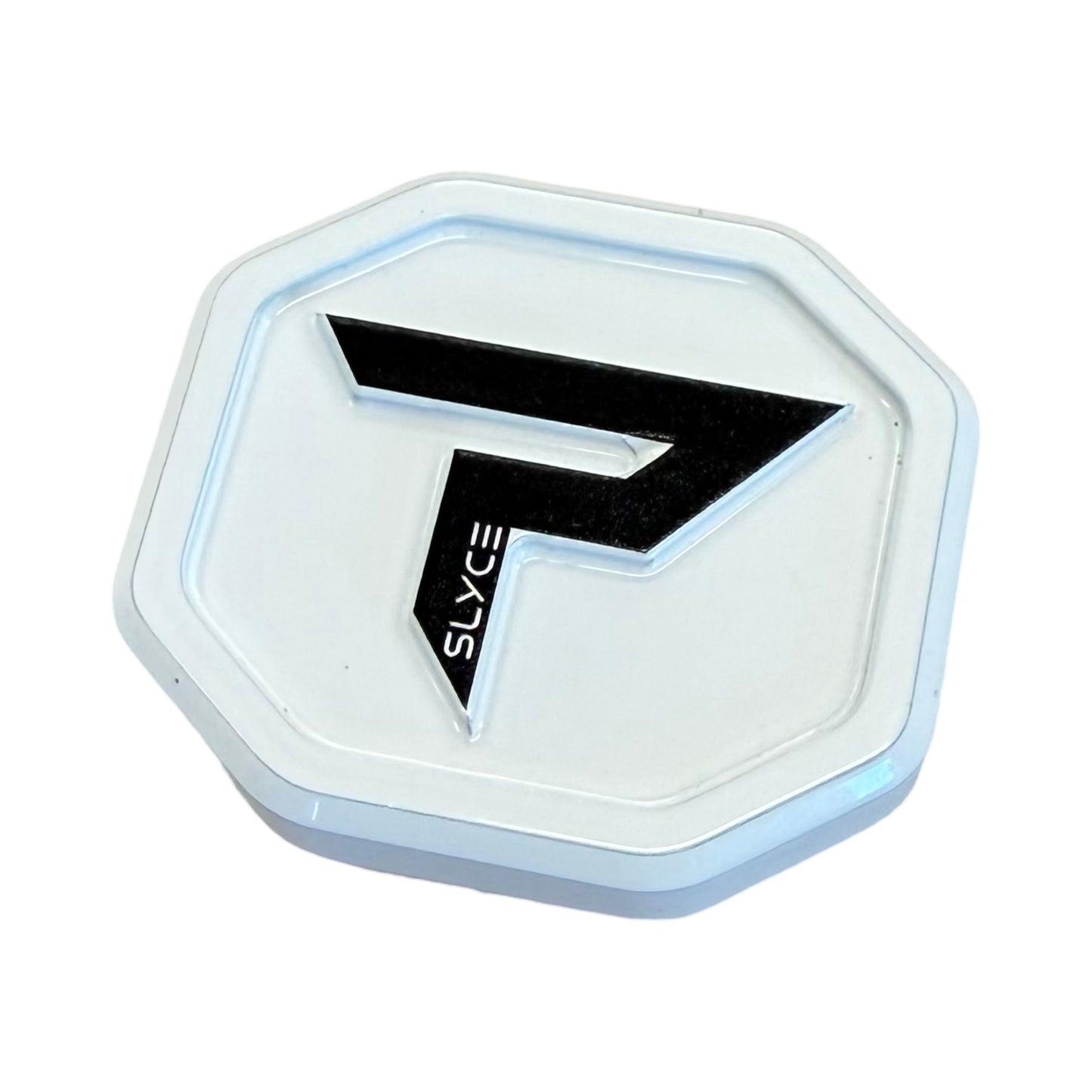 The Special Edition PaddleTek SpeedCap (28g) by Slyce Sport is a white, octagonal grip cap with a raised black geometric P and "SLYCE" in white, designed to fit PaddleTek Pickleball Paddles. Plain white background.