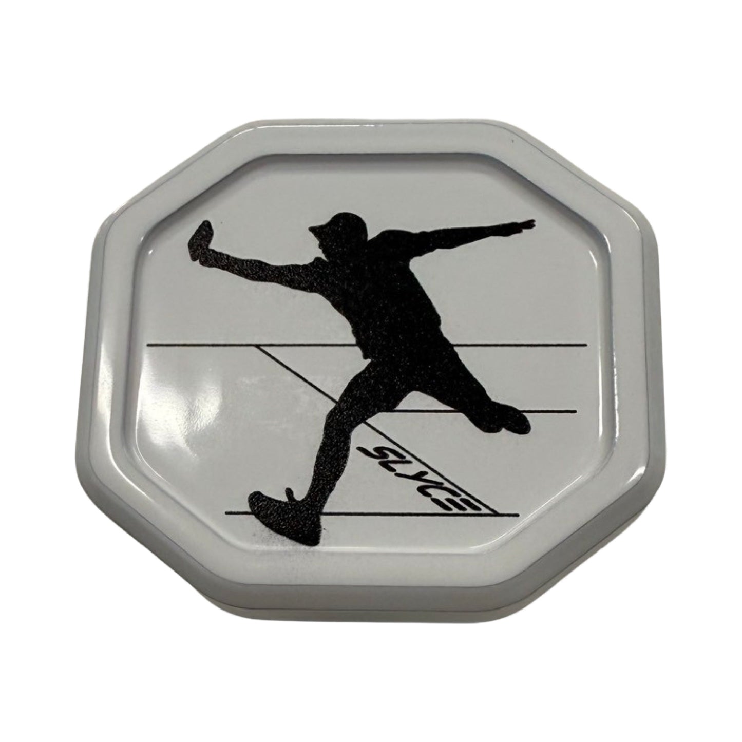 The Special Edition That Pickleball School Paddle Performance Enhancer (28g, 1.0 oz.) by Slyce Sport is a white octagonal tray in aircraft aluminum, with a leaping player silhouette, parallel lines, and "SLICE" below the outstretched leg.