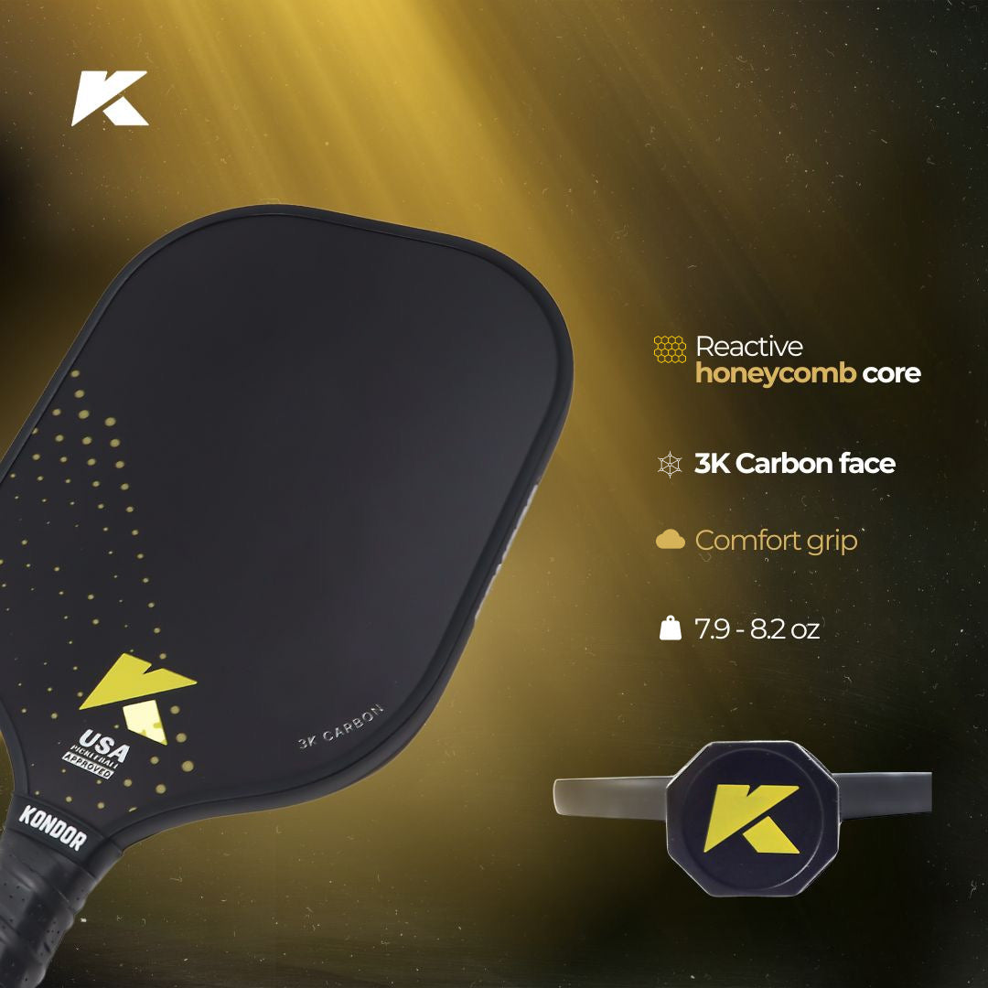 A black KONDOR PICKLEBALL DUNE 3K Carbon Pickleball Paddle with yellow accents displays the Kondor logo. Text highlights its reactive honeycomb core, 3K carbon face, EVA comfort grip, and 7.9–8.2 oz weight. The handle end is shown close up.