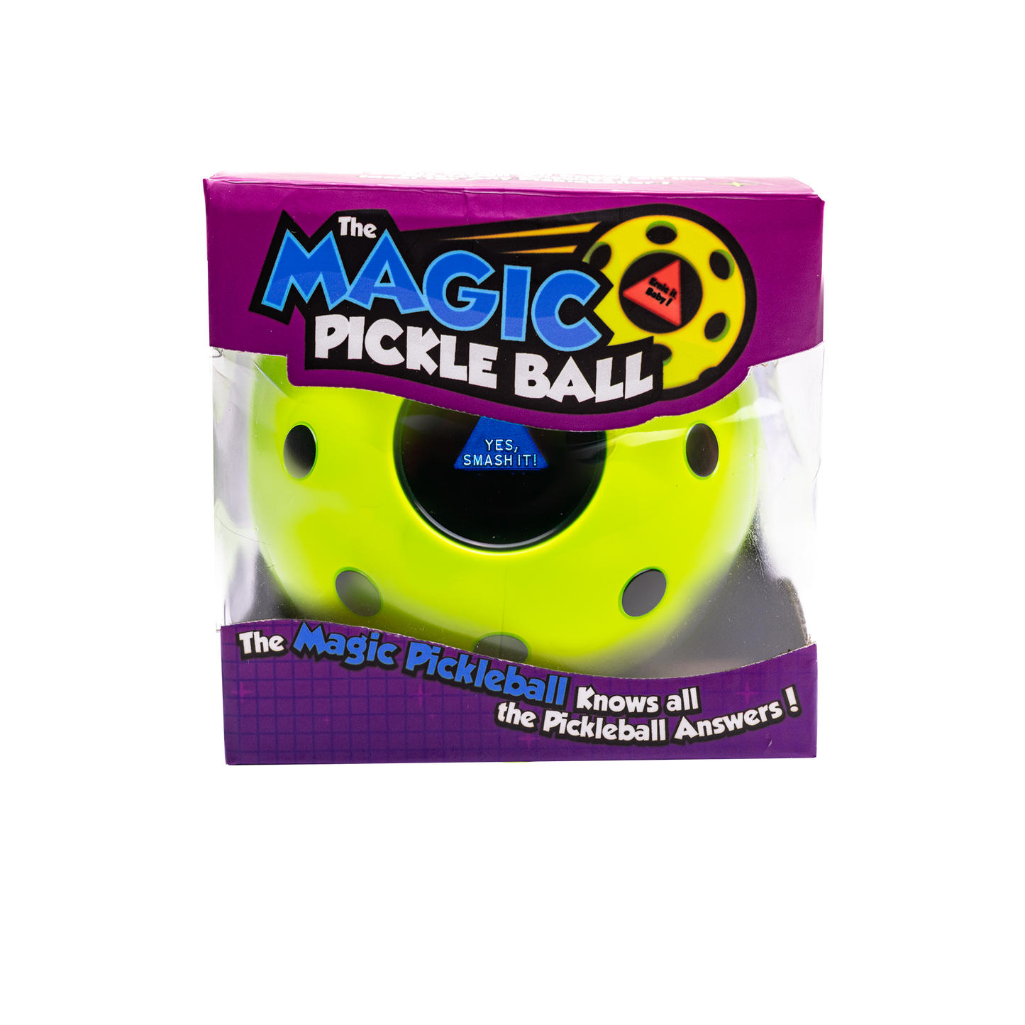 The Magic Pickleball!! Your Pickleball Destiny Awaits! by Moment Pickleball is a fun novelty toy in purple packaging with a clear window showing a yellow pickleball and the tagline: "Knows all the Pickleball Answers!"—a perfect gift for pickleball fans.