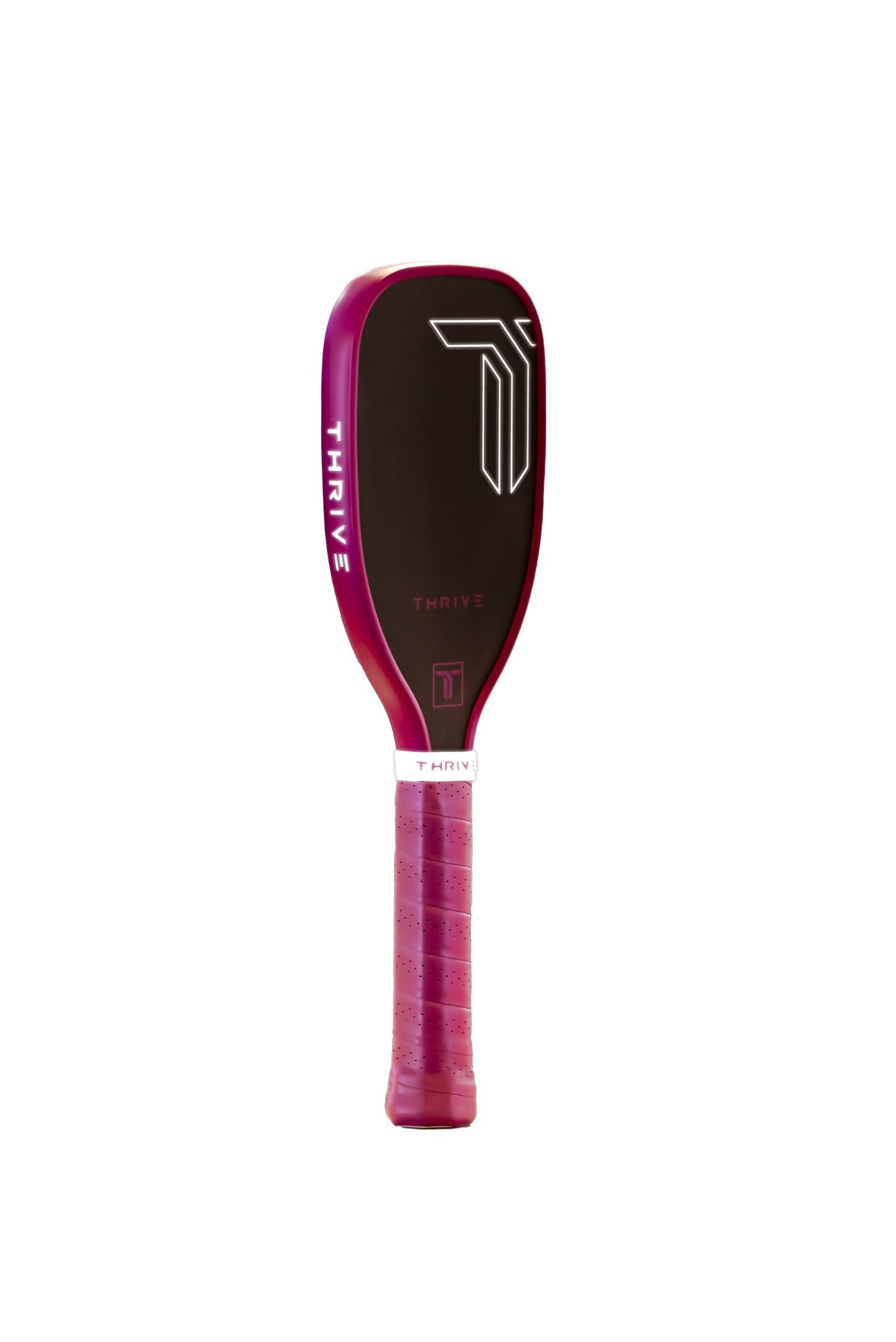 The Thrive Pickleball Training Paddle (Purple) features a white stylized T logo, THRIVE printed vertically, a purple handle with textured tape, and a modern T700 carbon fiber surface for a sleek look.