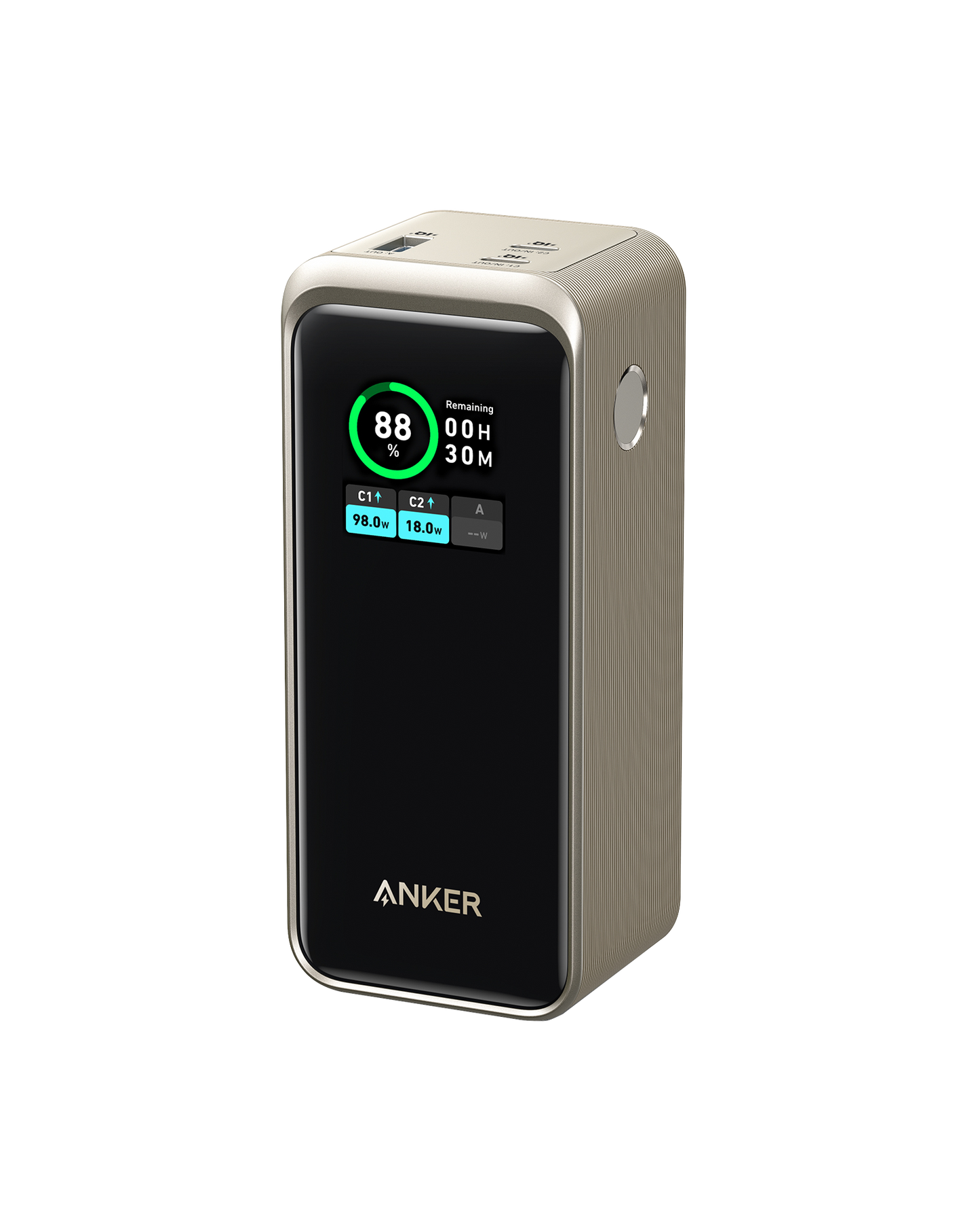 The Anker Prime Power Bank (20K, 200W) in silver and black features a digital display showing 88% battery, time left, and power output. This sleek, rounded 20000mAh portable charger by Anker has top USB ports—ideal for charging your devices on the go.