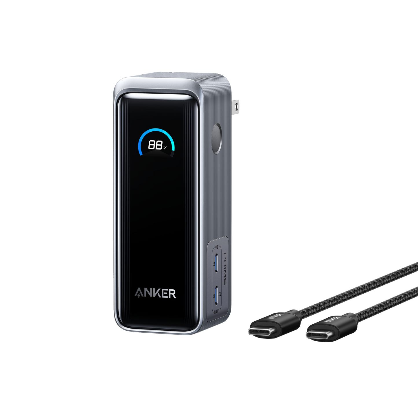 The Anker Prime Power Bank (9.6K, 65W, Fusion) features a sleek rectangular metallic design, digital display at 88%, USB-C and USB-A ports, and comes with a braided USB-C to USB-C cable—set against a plain light gray background.