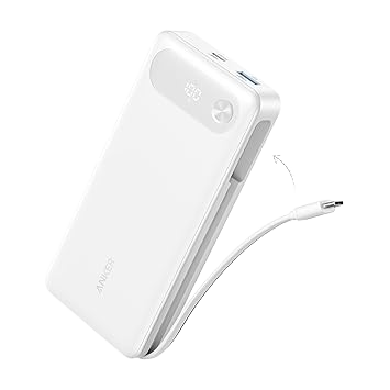 The Anker Power Bank (20K, 87W, Built-In USB-C Cable) by Anker sports a sleek white design with an integrated USB-C cable, LED display, and circular button on top—offering fast charging and minimalist style for use on the go.