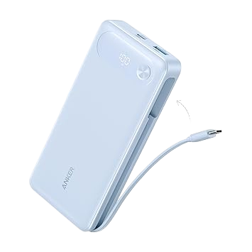 The Anker Power Bank (20K, 87W, Built-In USB-C Cable) is a white portable charger with rounded edges, a circular button, LED indicator, partially detached USB-C cable, and two extra USB ports for fast charging.