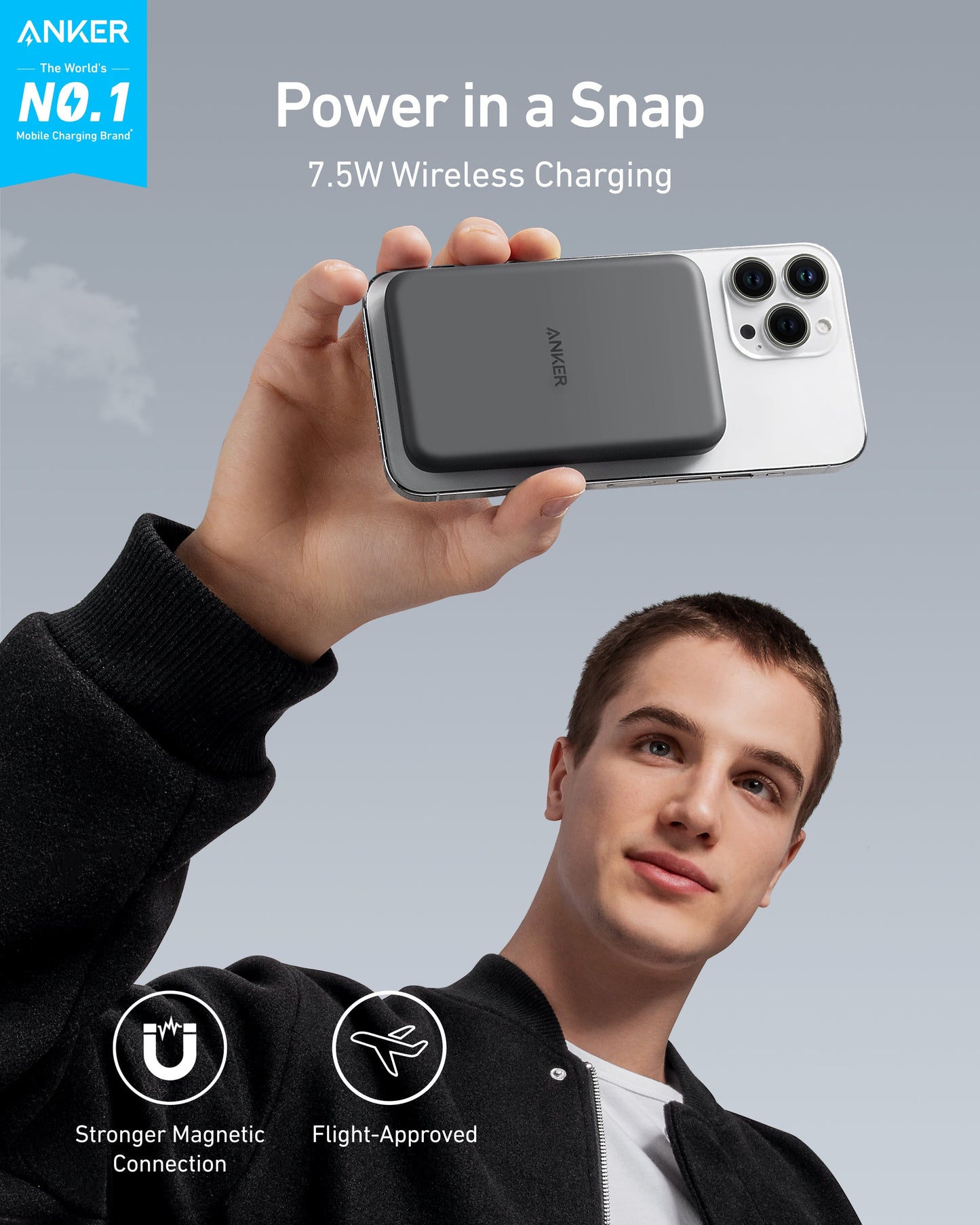 A young man in a black jacket and gray shirt holds up a silver smartphone with the Anker 621 Magnetic Battery (MagGo) attached. Text reads "Power in a Snap, 7.5W Wireless Charging." Icons show "Stronger Magnetic Connection" and "Flight-Approved.