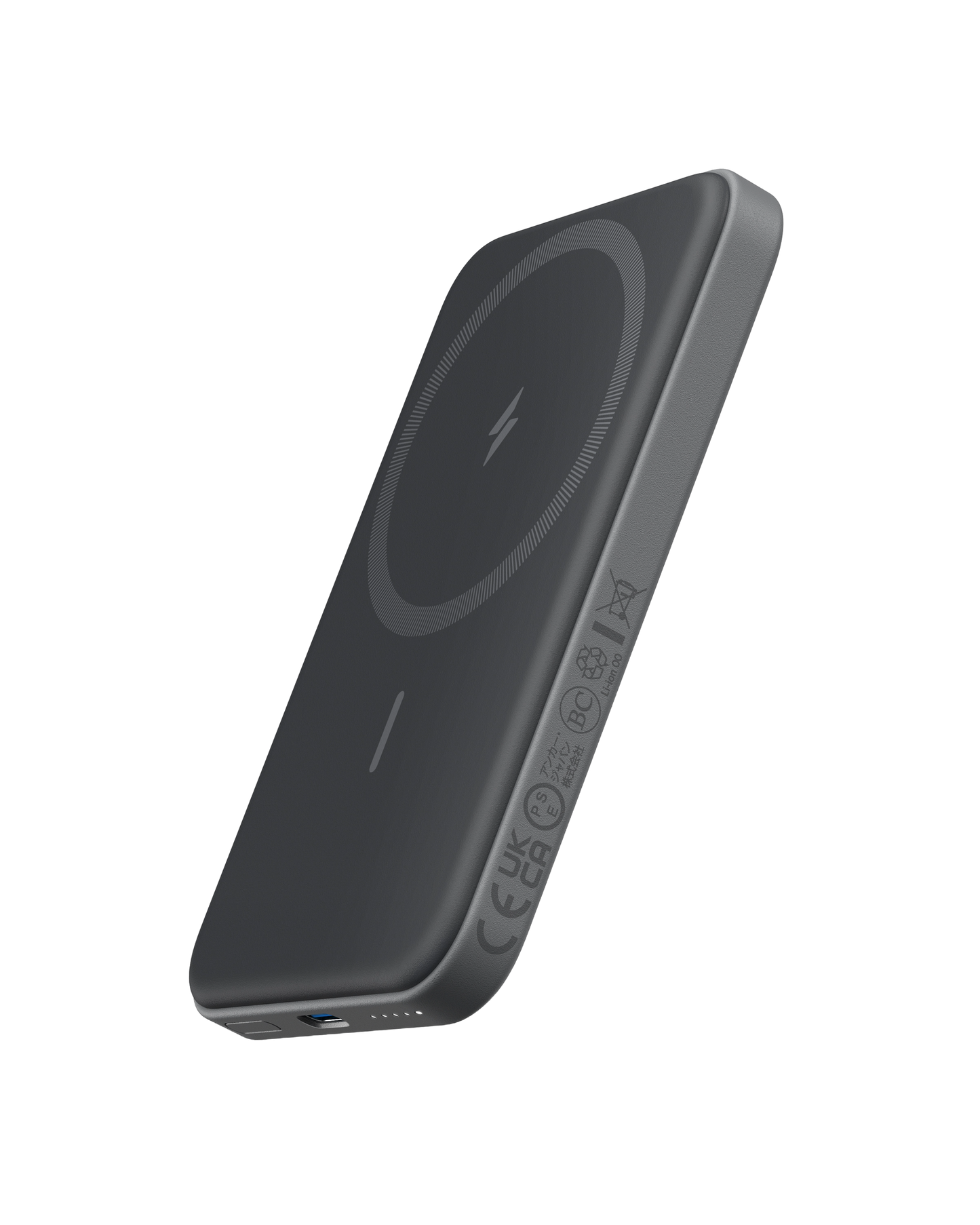 The Anker 621 Magnetic Battery (MagGo) by Anker is a sleek, rectangular black wireless power bank with a circular lightning bolt icon and MagGo magnetic charging. Side markings show certifications; a USB-C port and LED indicators are on the lower edge.