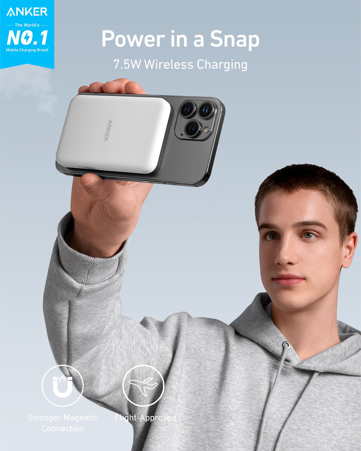 A young man in a gray hoodie holds up a smartphone with an Anker 621 Magnetic Battery (MagGo) attached. Text reads “Power in a Snap, 7.5W Wireless Charging.” Icons show “Stronger Magnetic Connection” and “Flight-Approved.” Sky background.
