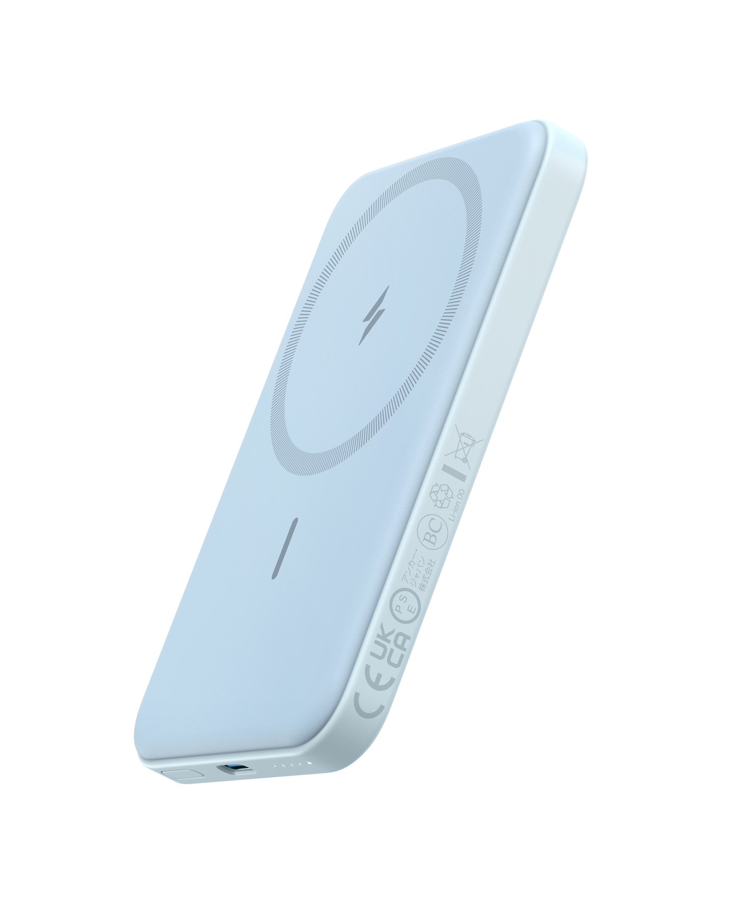 The Anker 621 Magnetic Battery (MagGo) by Anker, in sleek light blue with rounded edges, floats against a white background. The front features a circular charging icon and vertical indicator, while the side shows certification icons and a USB-C port.