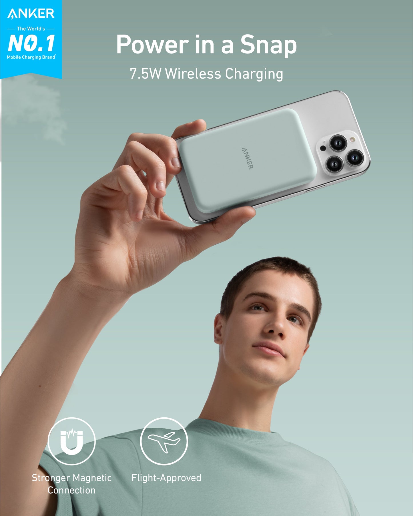 A young man in a pastel green shirt holds a silver iPhone with the mint green Anker 621 Magnetic Battery (MagGo) attached on back. The pale blue sky is behind him. “Power in a Snap 7.5W Wireless Charging.” Icons highlight magnetic and flight-safe features.